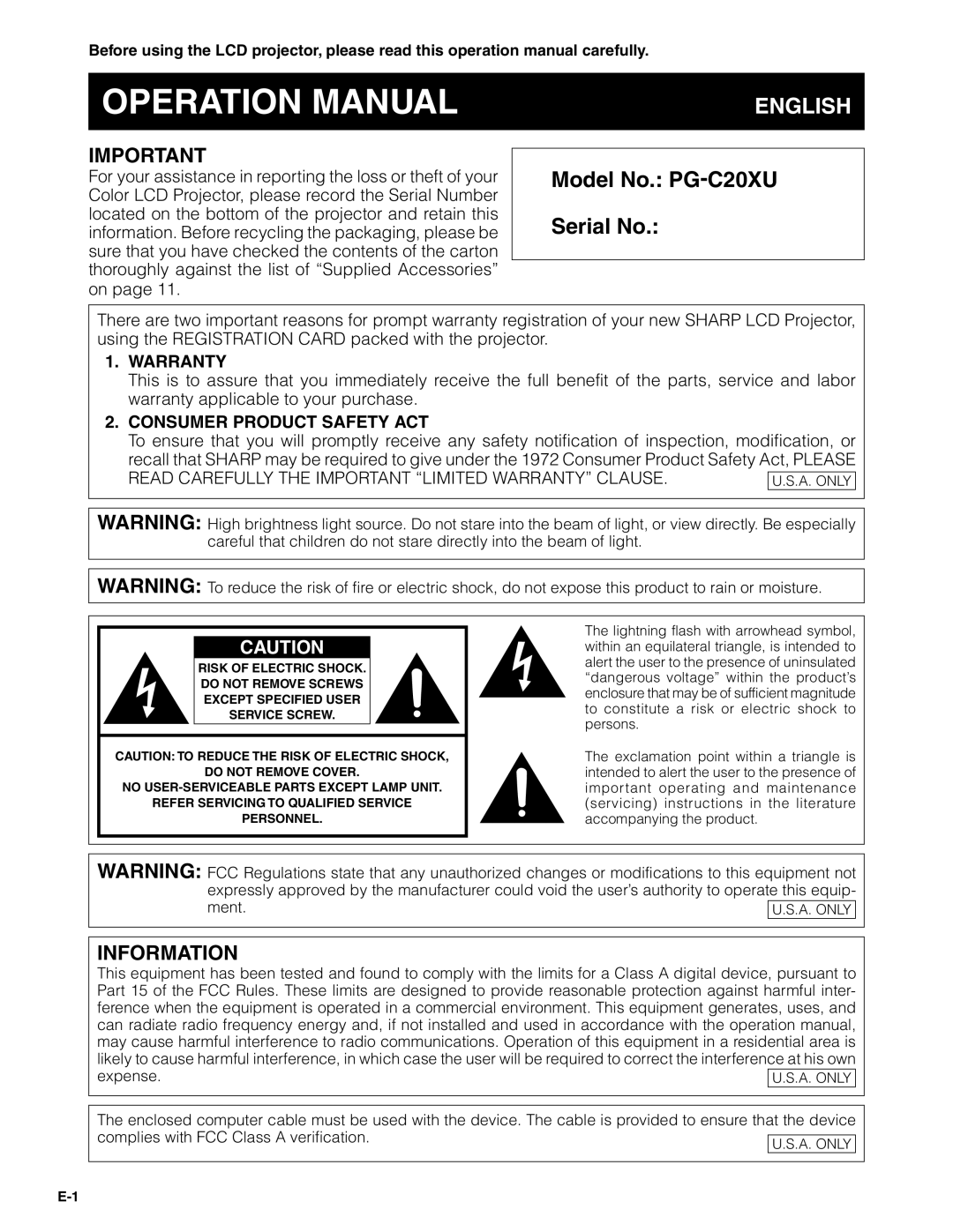 Sharp Model No. PG-C20XU Serial No, Information, Warranty, Consumer Product Safety Act, Operation Manual, English 