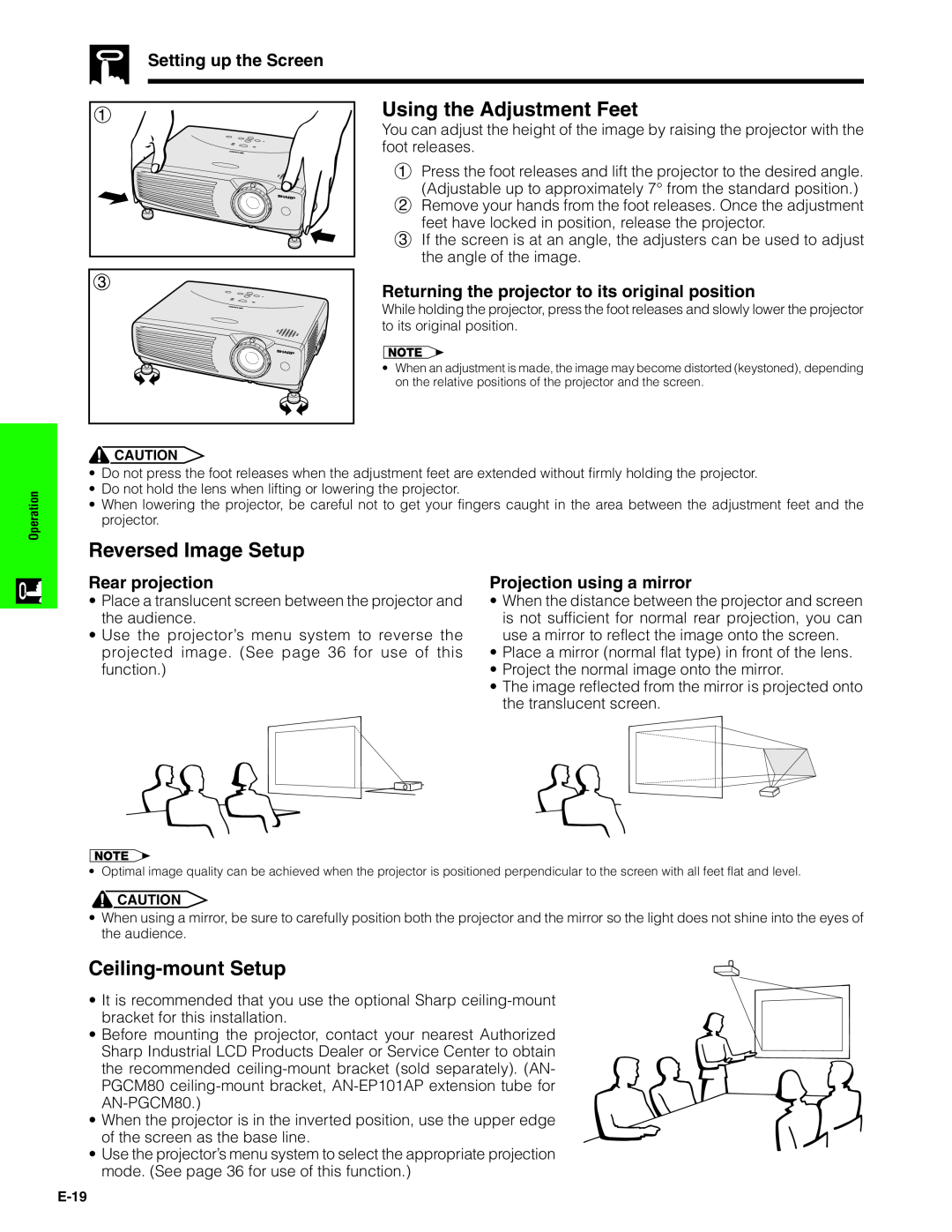 Sharp PG-C20XU operation manual Using the Adjustment Feet, Reversed Image Setup, Ceiling-mount Setup, Setting up the Screen 