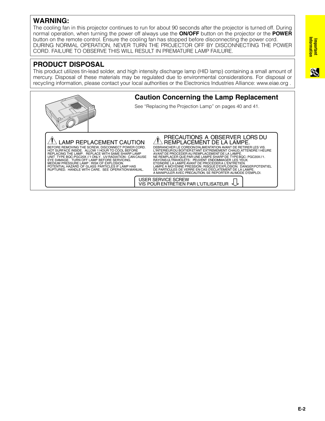 Sharp PG-C20XU operation manual Product Disposal, Caution Concerning the Lamp Replacement, Precautions A Observer Lors Du 