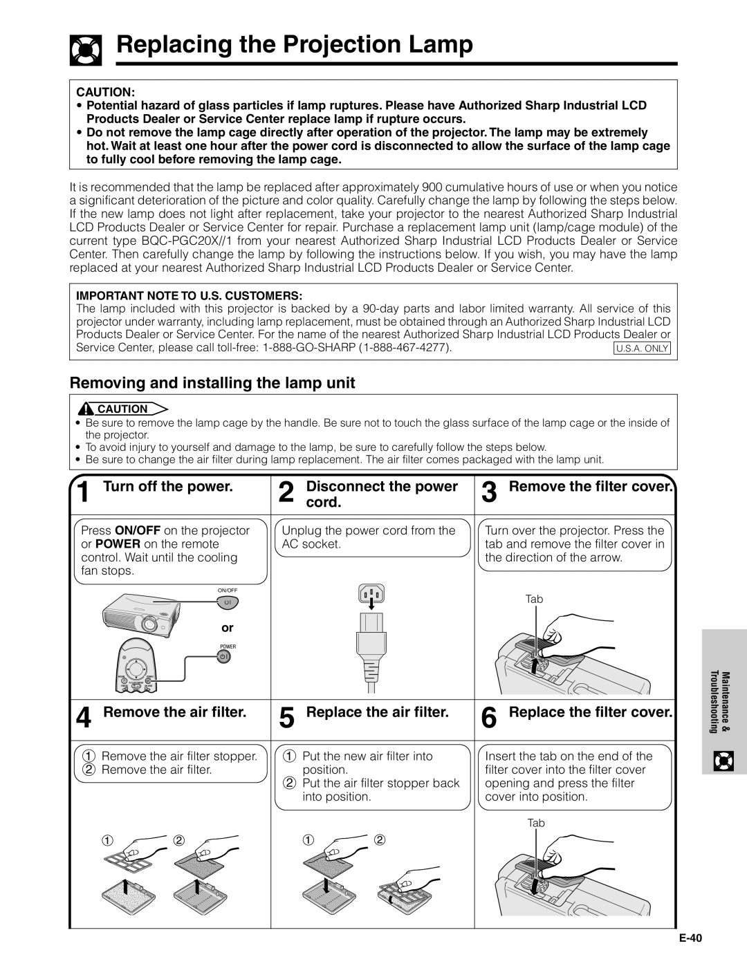 Sharp PG-C20XU operation manual Replacing the Projection Lamp, Removing and installing the lamp unit, Turn off the power 