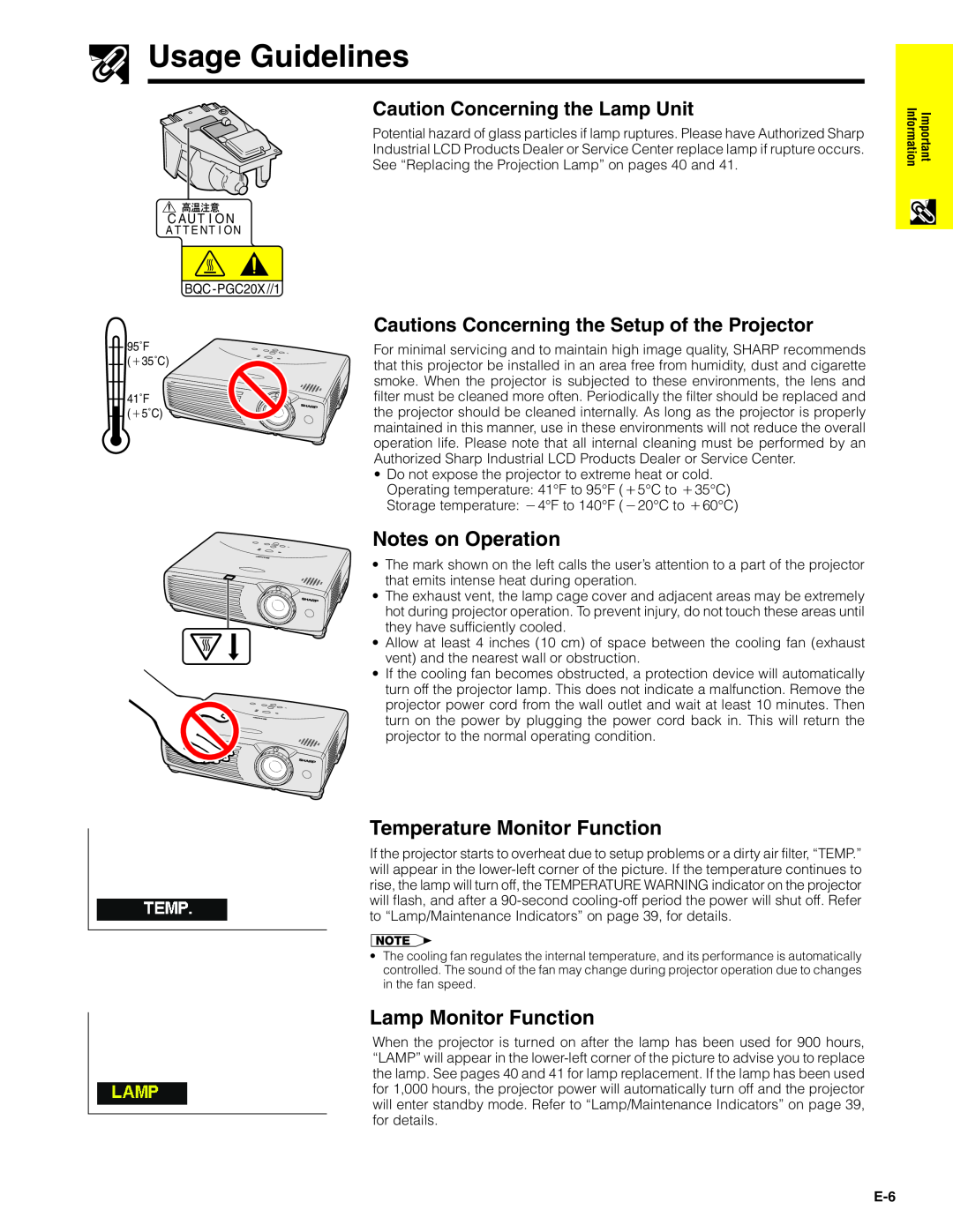Sharp PG-C20XU Usage Guidelines, Caution Concerning the Lamp Unit, Cautions Concerning the Setup of the Projector 