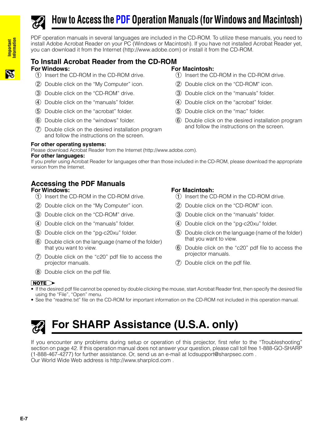 Sharp PG-C20XU For SHARP Assistance U.S.A. only, How to Access the PDF Operation Manuals for Windows and Macintosh 