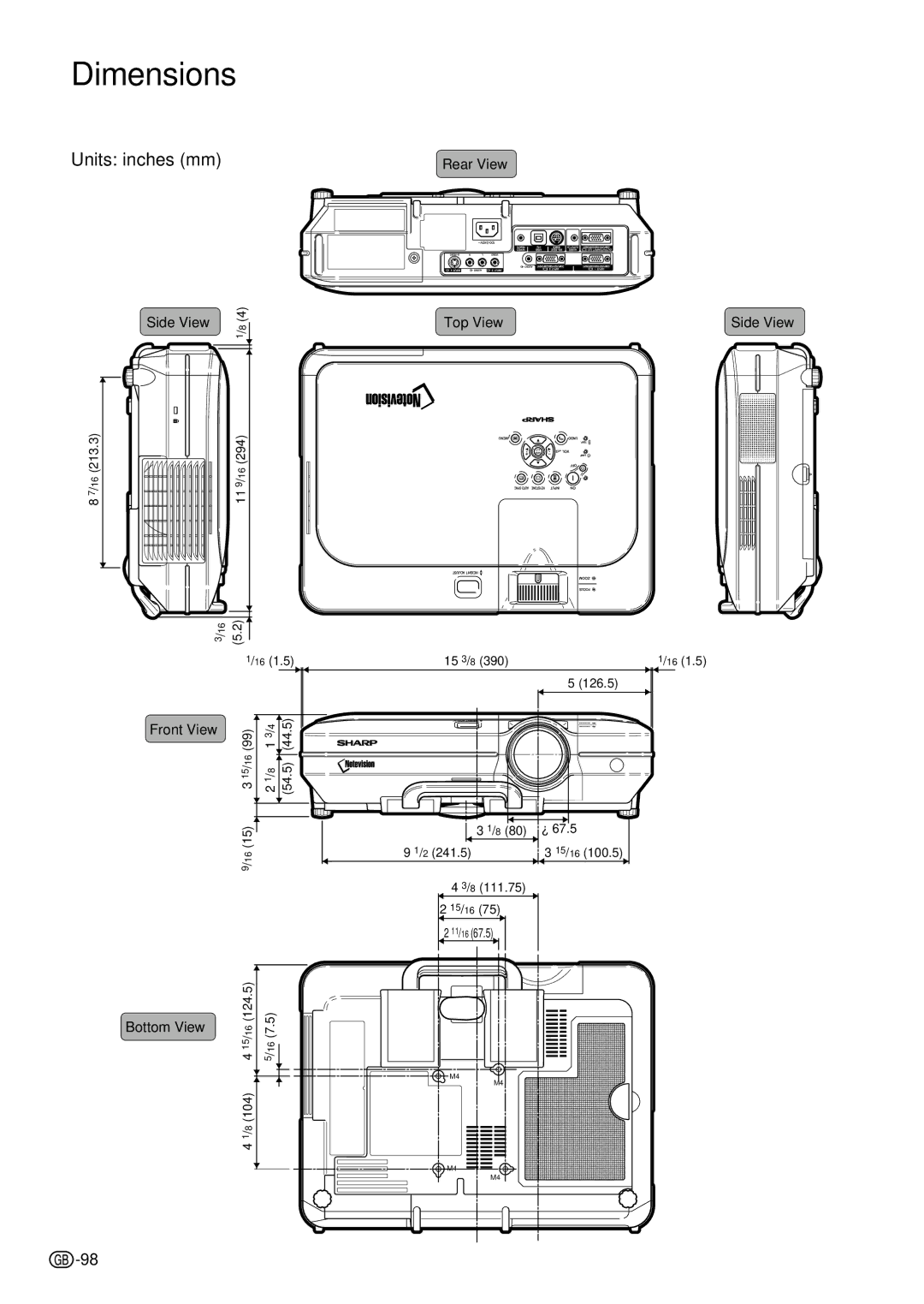 Sharp PG-C45S operation manual Dimensions, Units inches mm 