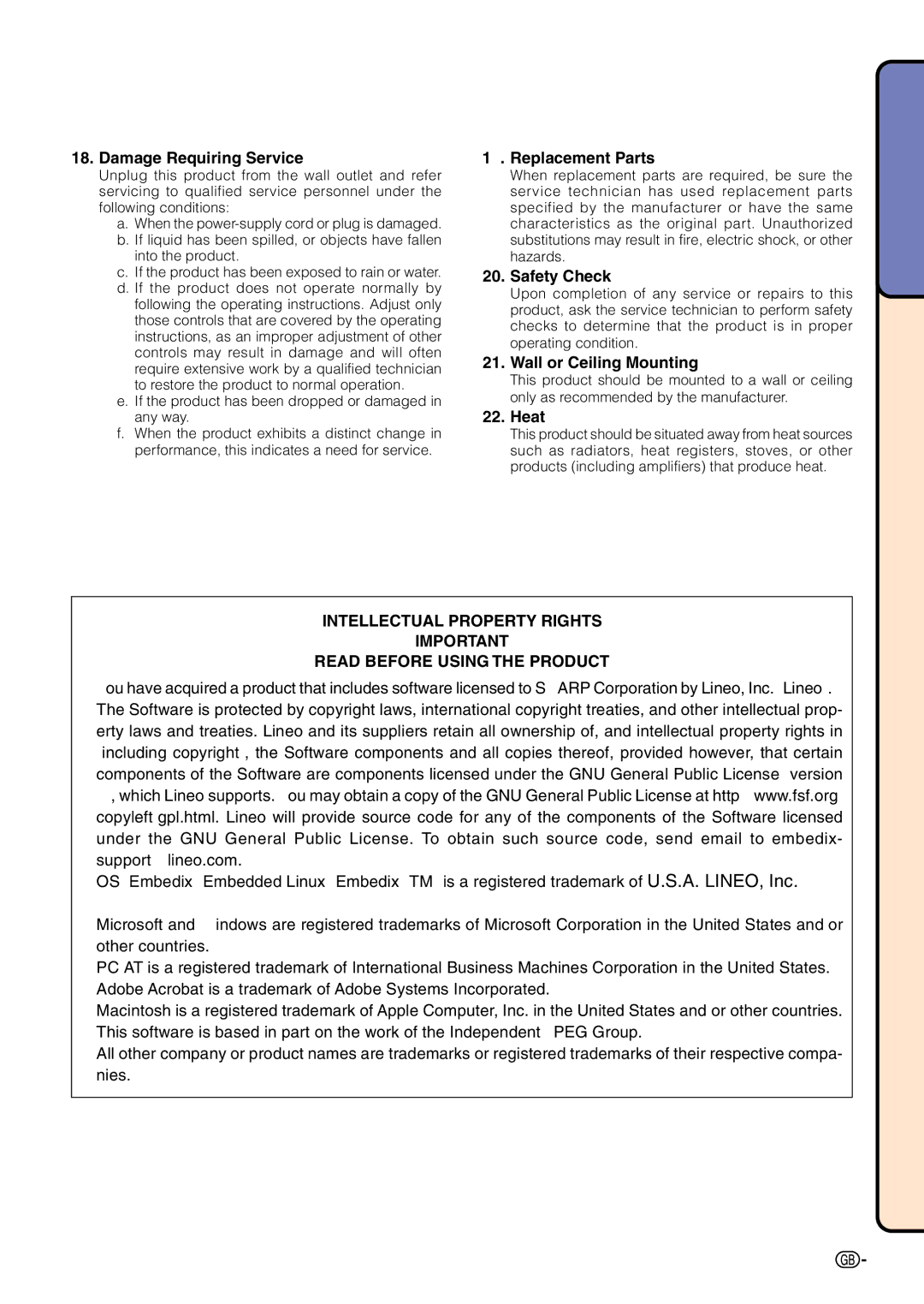 Sharp PG-C45S operation manual Damage Requiring Service, Replacement Parts, Safety Check, Wall or Ceiling Mounting, Heat 