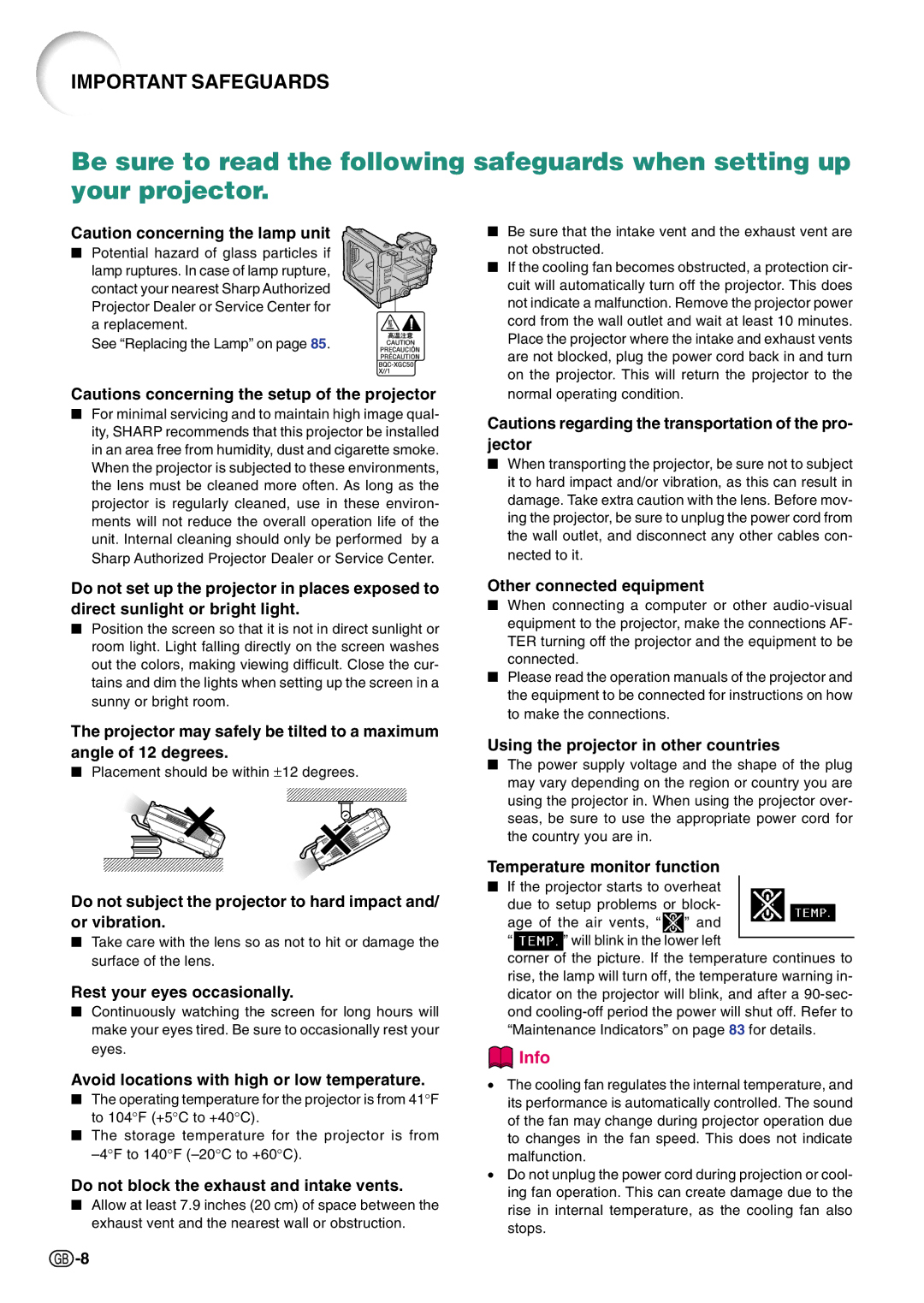 Sharp PG-C45S Rest your eyes occasionally, Avoid locations with high or low temperature, Other connected equipment 