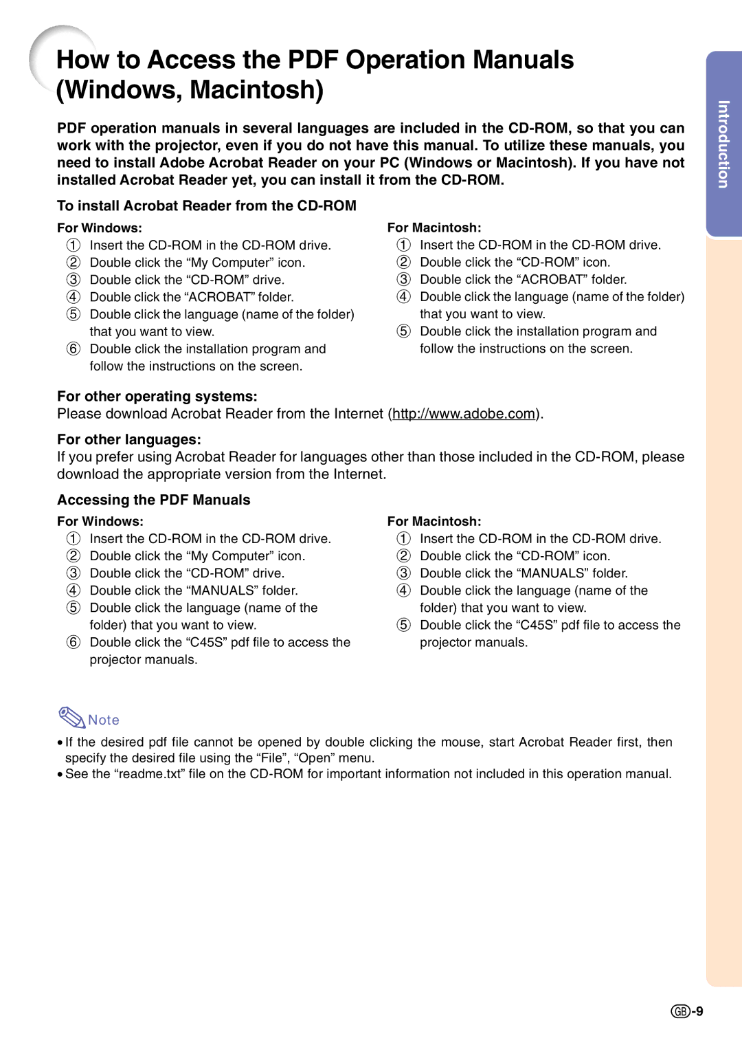 Sharp PG-C45S To install Acrobat Reader from the CD-ROM, For other operating systems For other languages, For Windows 