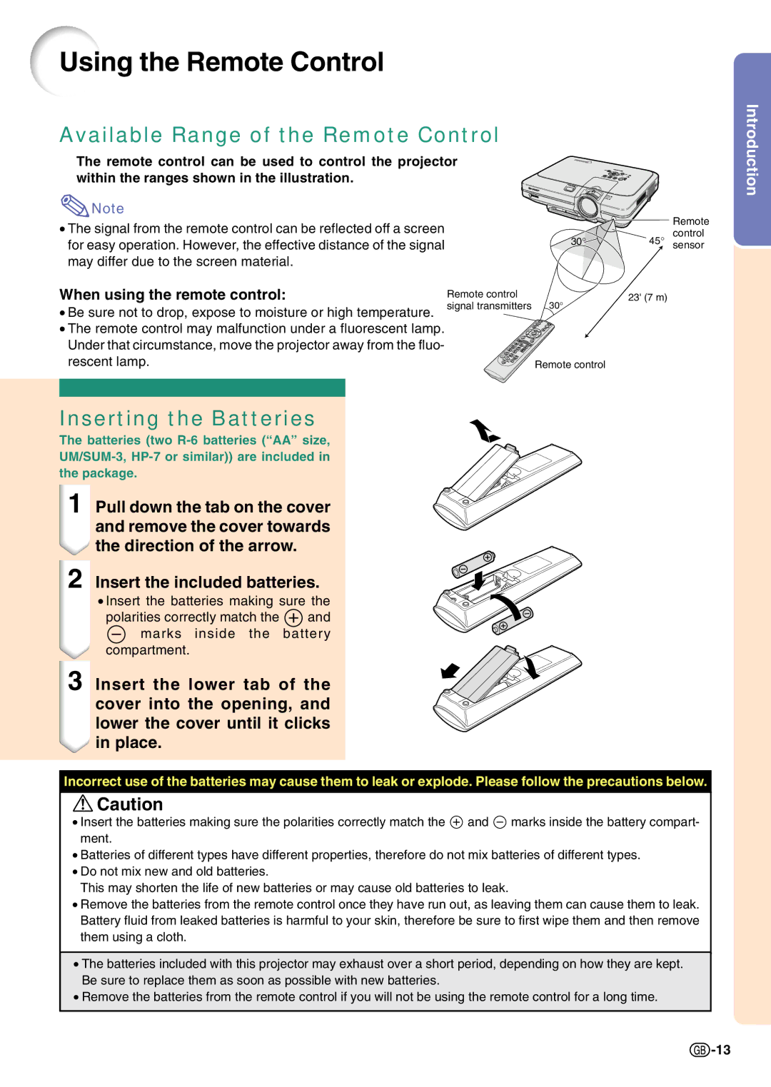 Sharp PG-C45S operation manual Using the Remote Control, Available Range of the Remote Control, Inserting the Batteries 