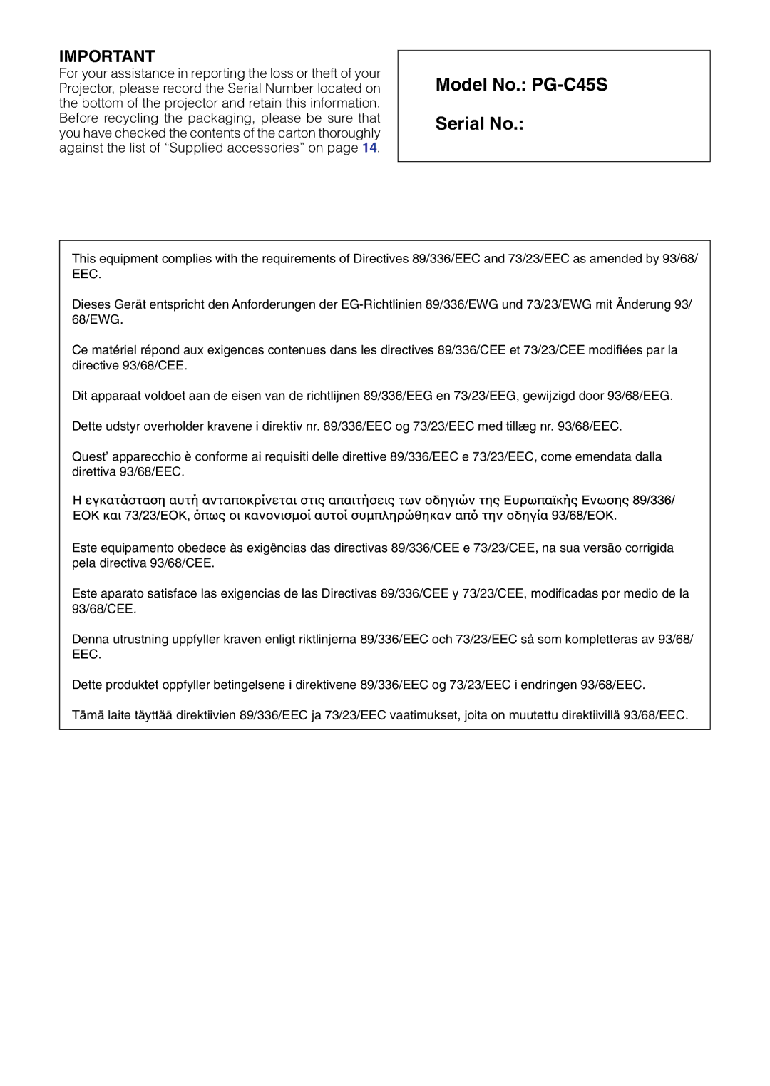 Sharp operation manual Model No. PG-C45S Serial No 