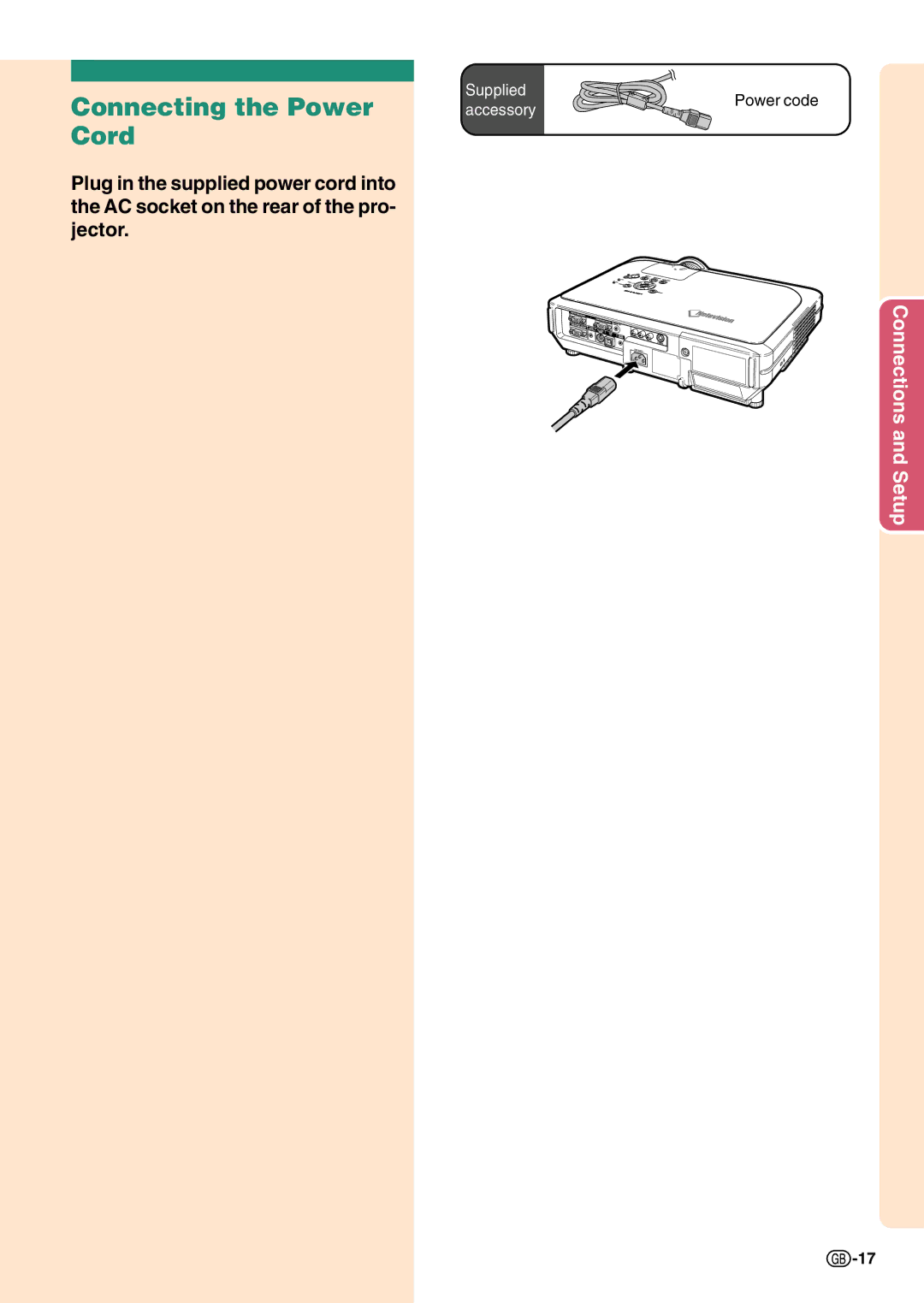 Sharp PG-C45S operation manual Connecting the Power Cord 