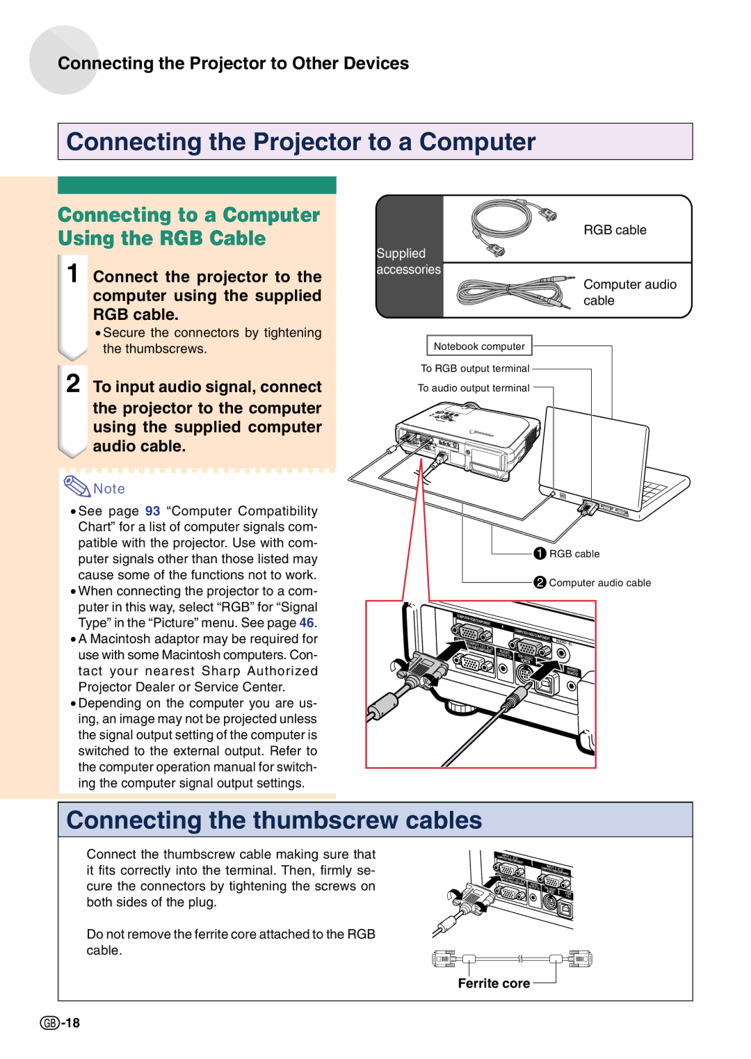 Sharp PG-C45S operation manual Connecting to a Computer Using the RGB Cable, Ferrite core 