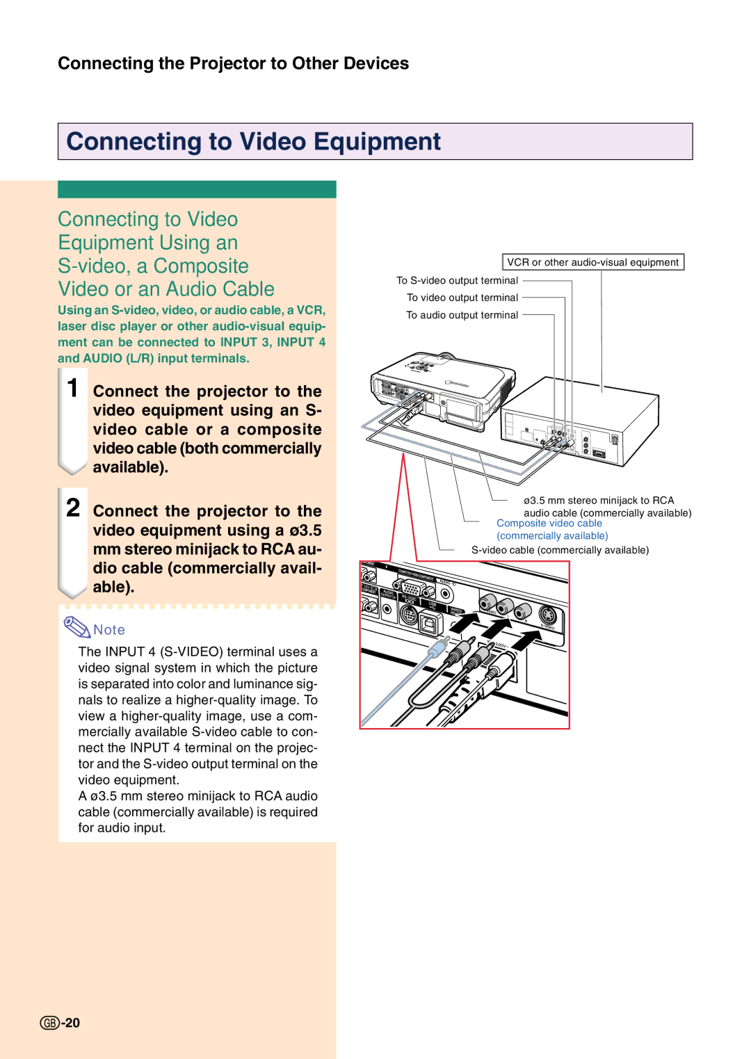 Sharp PG-C45S operation manual Connecting to Video Equipment 