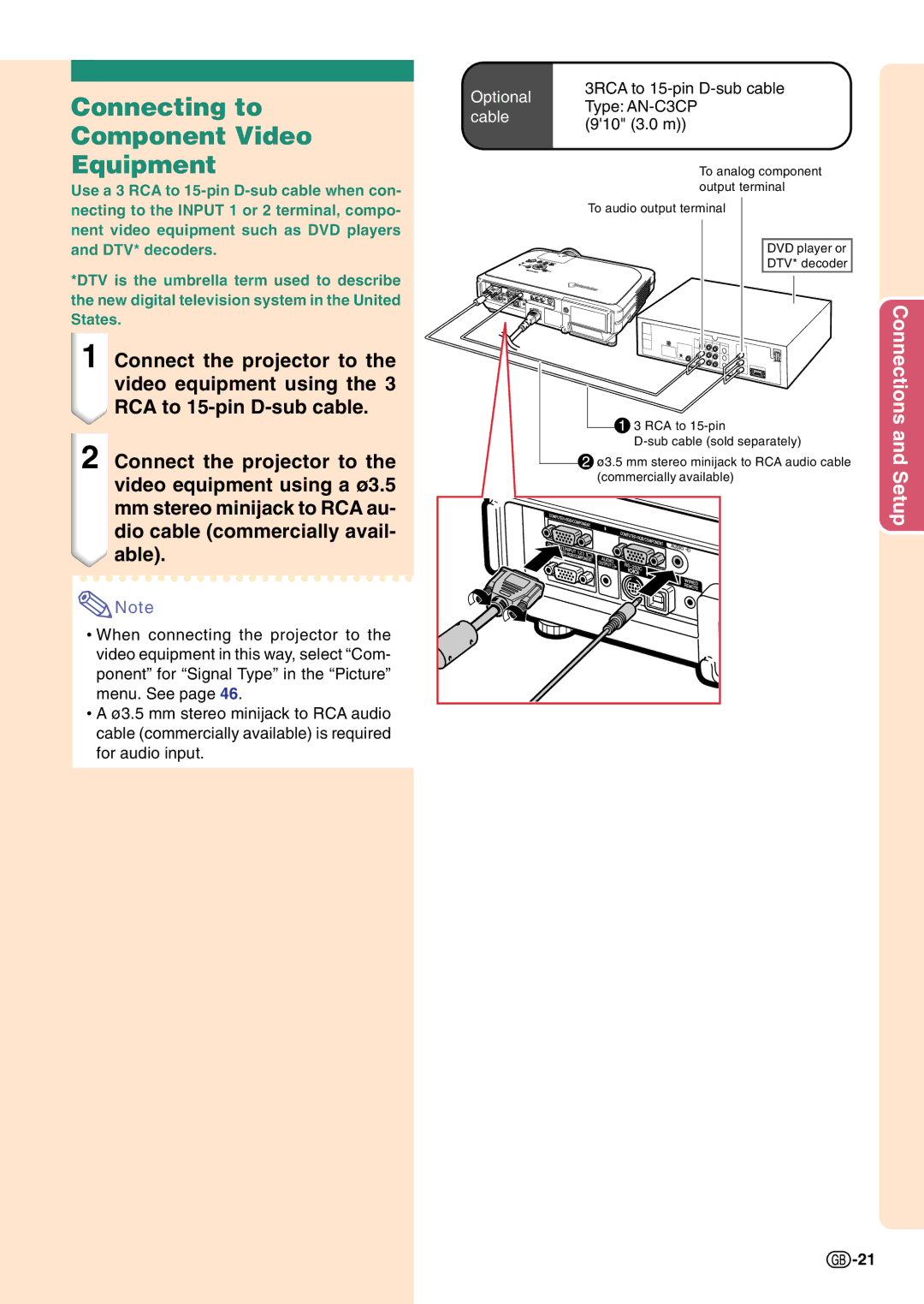 Sharp PG-C45S operation manual Connecting to Component Video Equipment, Cable 