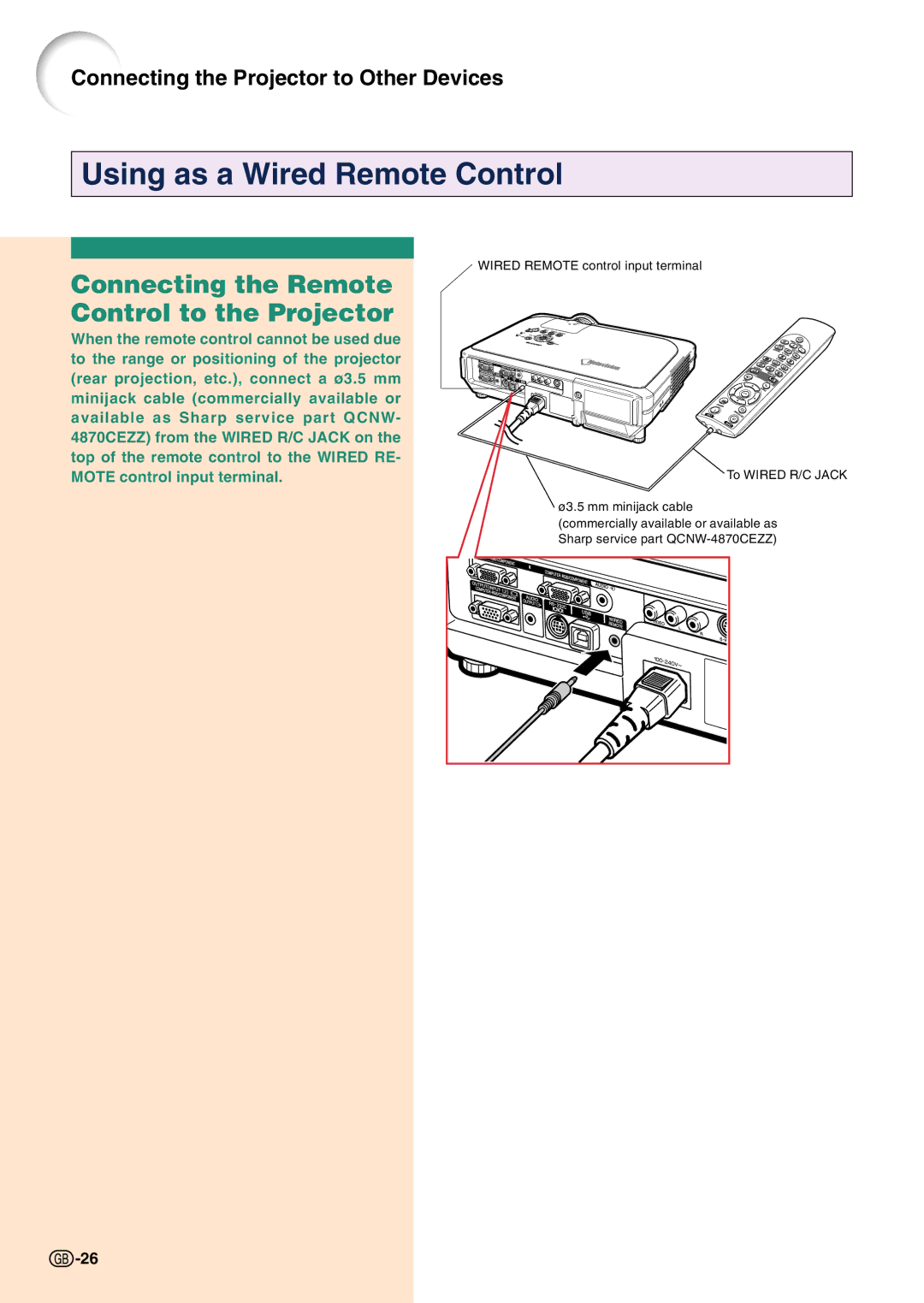 Sharp PG-C45S operation manual Using as a Wired Remote Control, Connecting the Remote Control to the Projector 