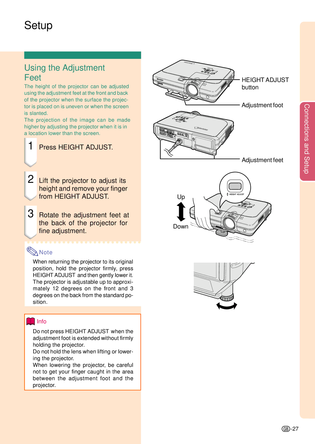 Sharp PG-C45S operation manual Setup, Using the Adjustment Feet 