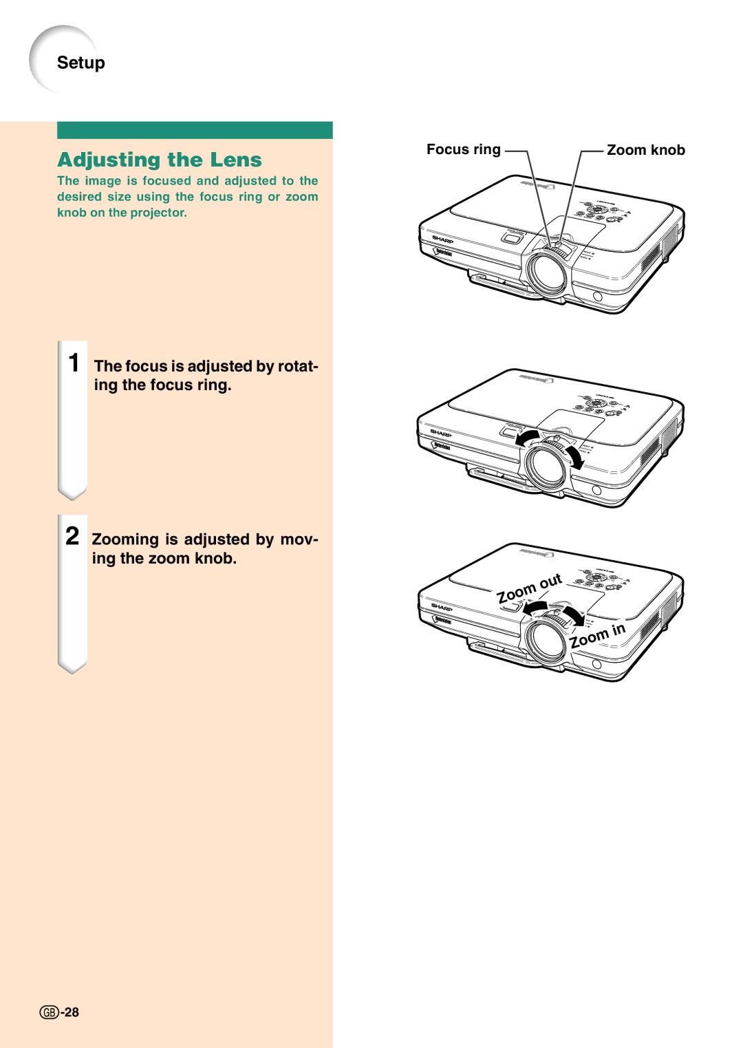 Sharp PG-C45S operation manual Adjusting the Lens, Focus ring Zoom knob, Out Zoom 