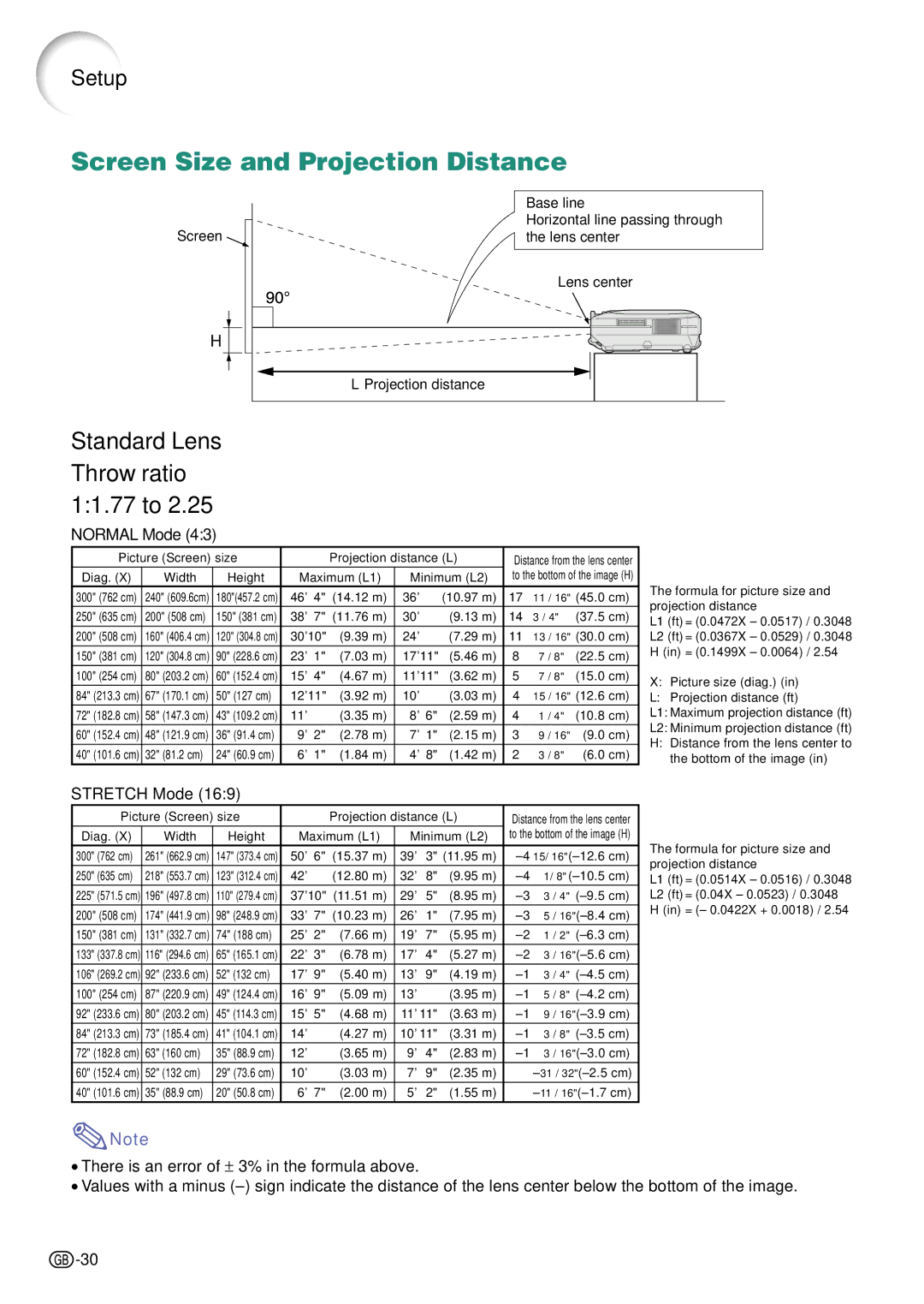 Sharp PG-C45S operation manual Screen Size and Projection Distance, Normal Mode, Stretch Mode 