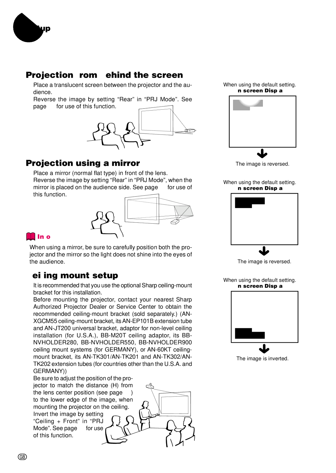 Sharp PG-C45S operation manual Projecting a Reversed/Inverted Image, Projection from behind the screen 