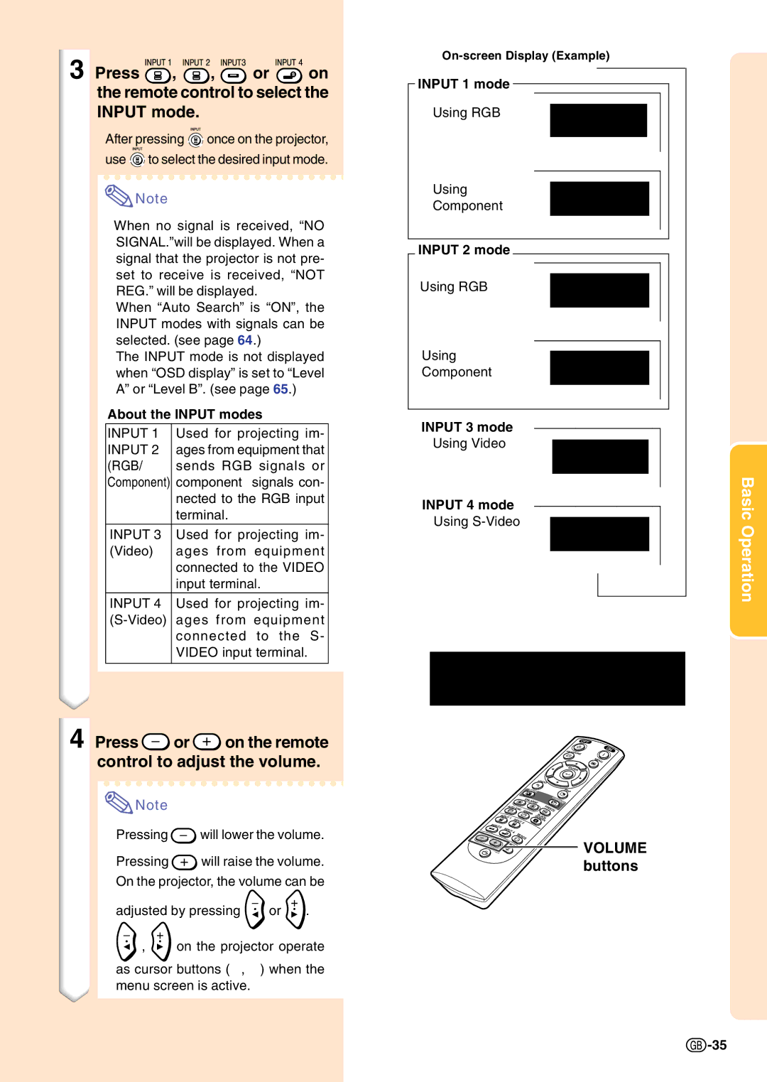 Sharp PG-C45S operation manual Press , , or on the remote control to select the Input mode, Volume buttons 