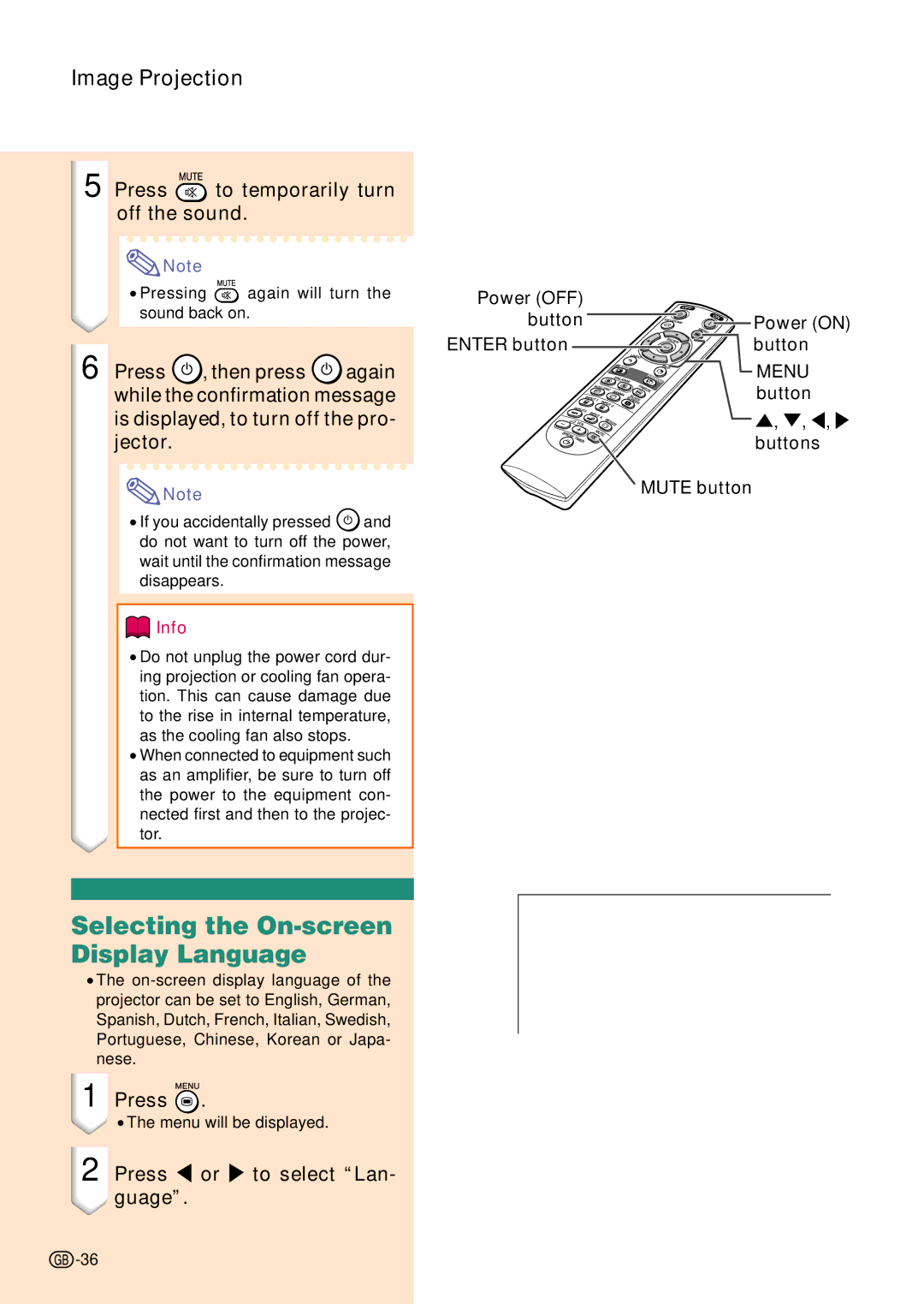 Sharp PG-C45S Selecting the On-screen Display Language, Press to temporarily turn off the sound, Press \ or to select Lan 