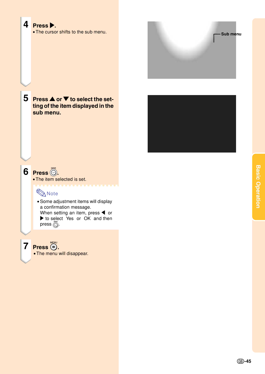 Sharp PG-C45S operation manual Cursor shifts to the sub menu 