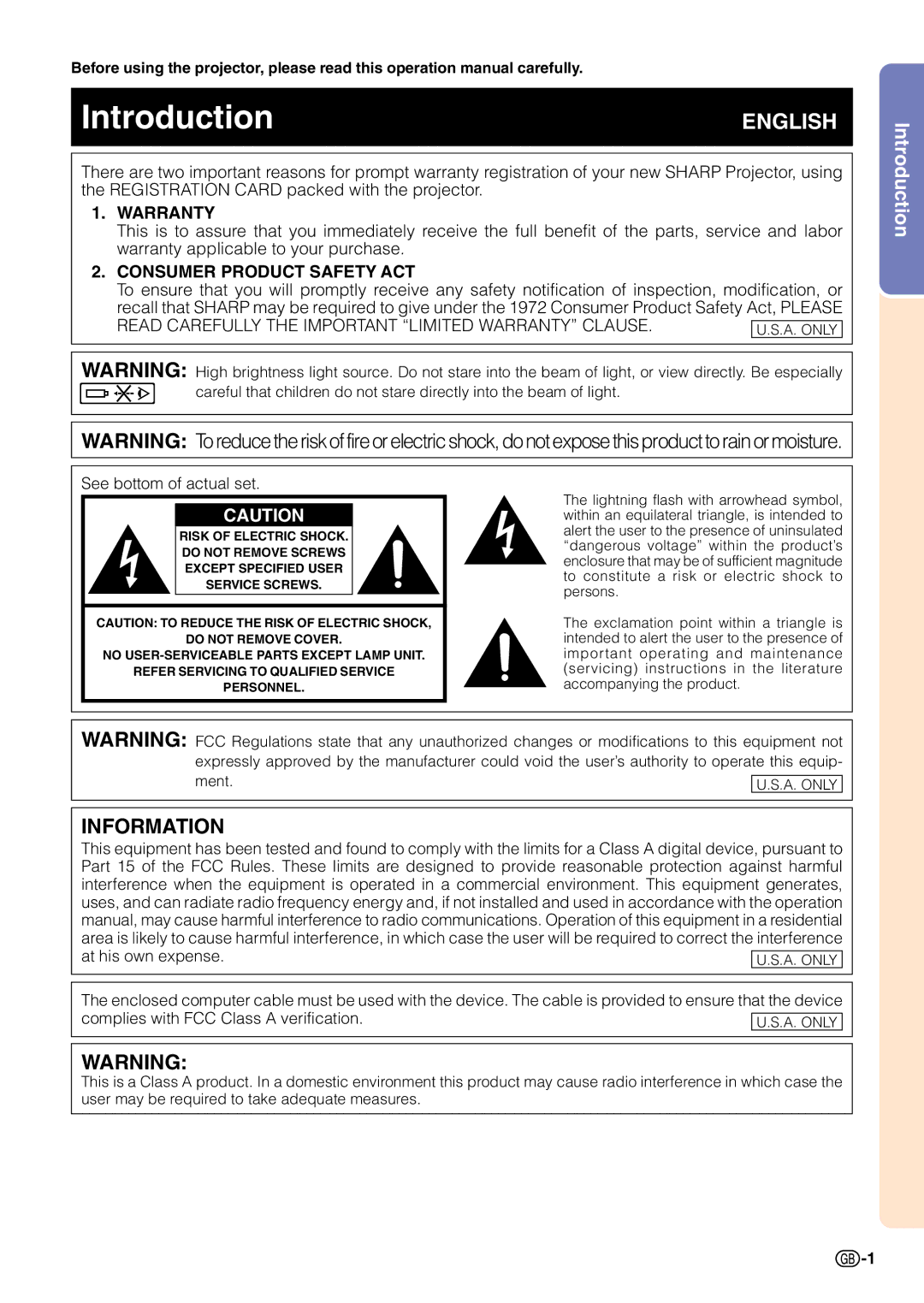 Sharp PG-C45S operation manual Introduction 