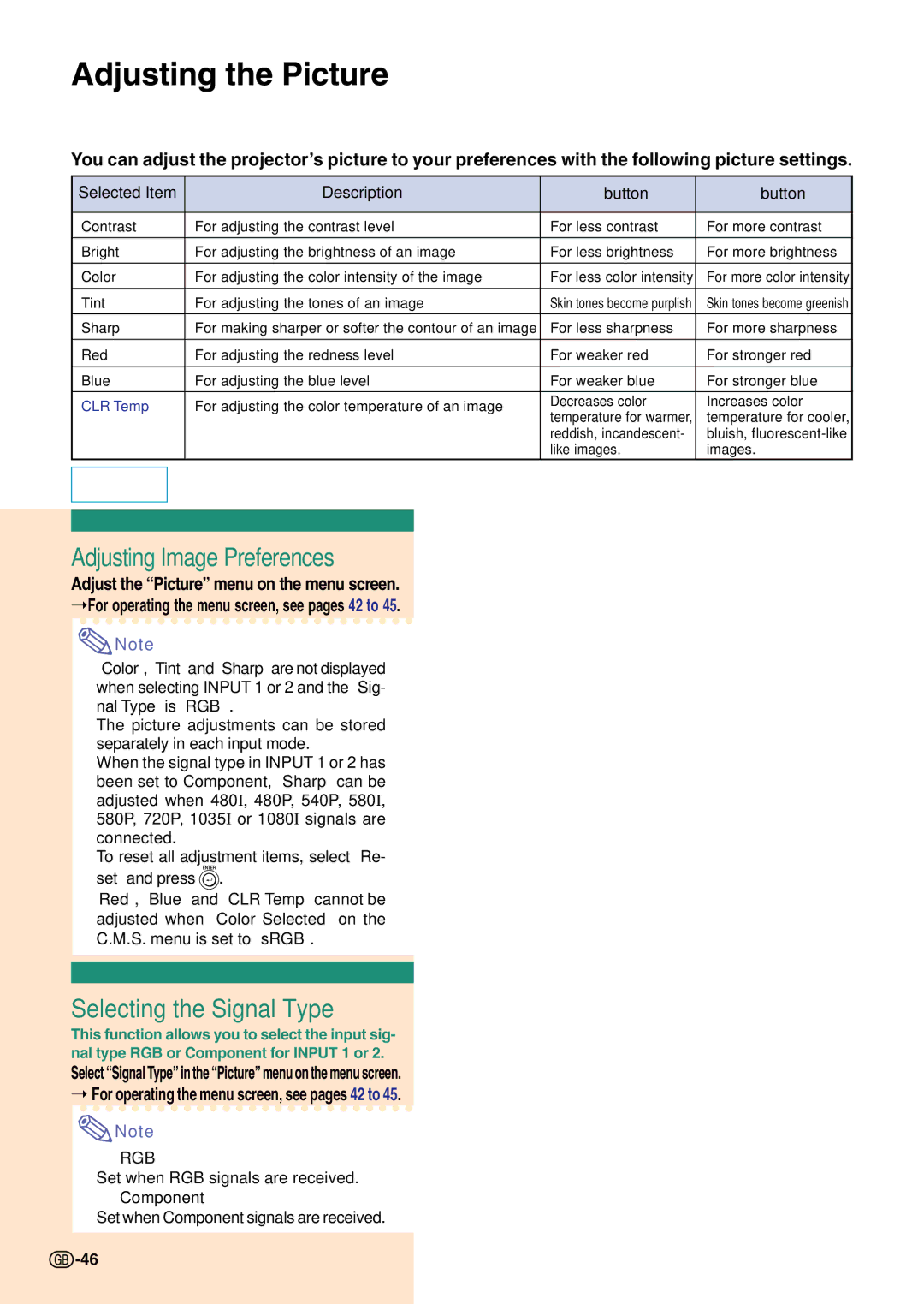 Sharp PG-C45S operation manual Adjusting the Picture, Adjusting Image Preferences, Selecting the Signal Type 