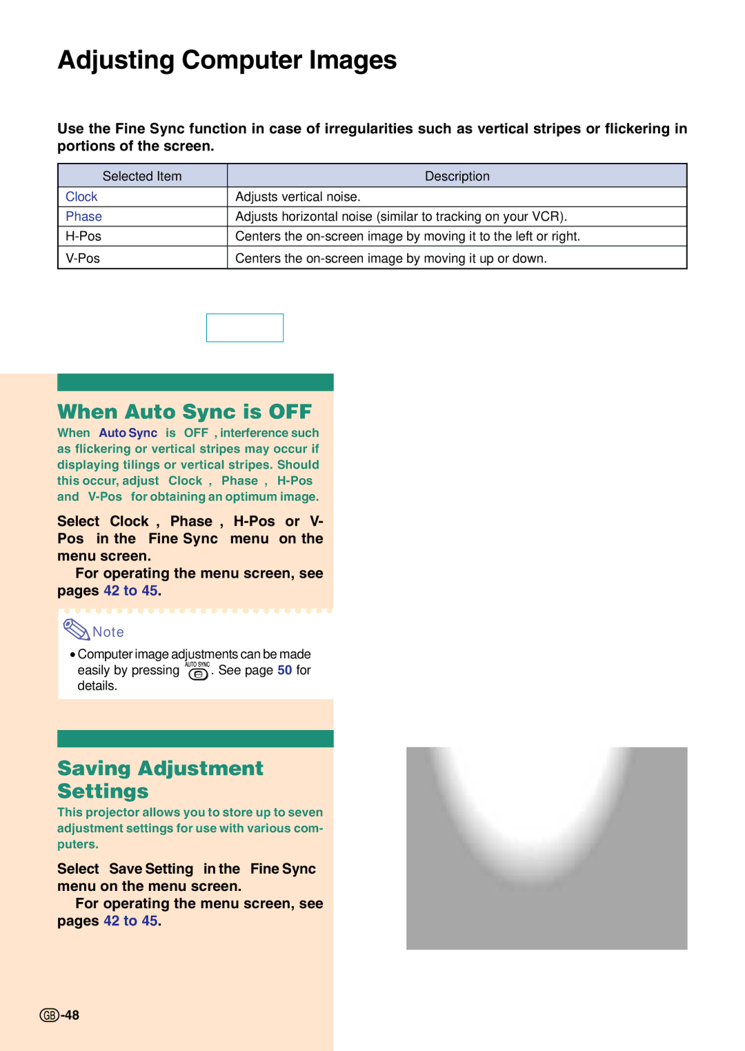 Sharp PG-C45S operation manual Adjusting Computer Images, When Auto Sync is OFF, Saving Adjustment Settings 