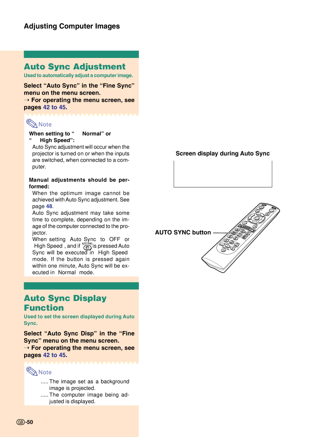 Sharp PG-C45S Auto Sync Adjustment, Auto Sync Display Function, Screen display during Auto Sync, Auto Sync button 