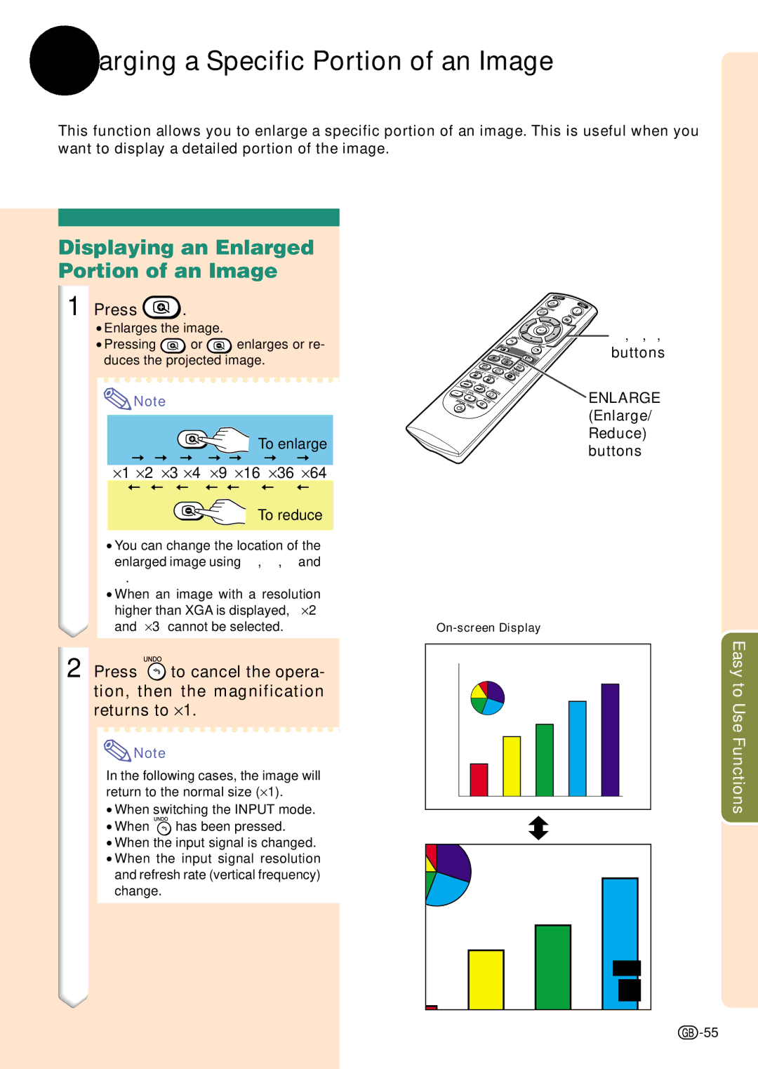 Sharp PG-C45S operation manual Enlarging a Specific Portion of an Image, Displaying an Enlarged Portion of an Image 