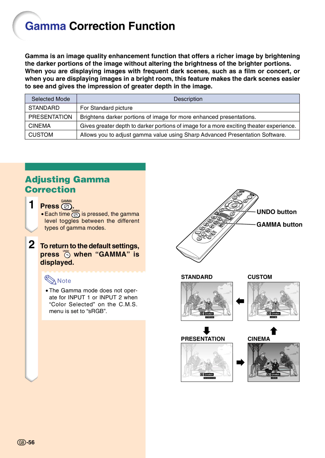 Sharp PG-C45S operation manual Gamma Correction Function, Adjusting Gamma Correction 