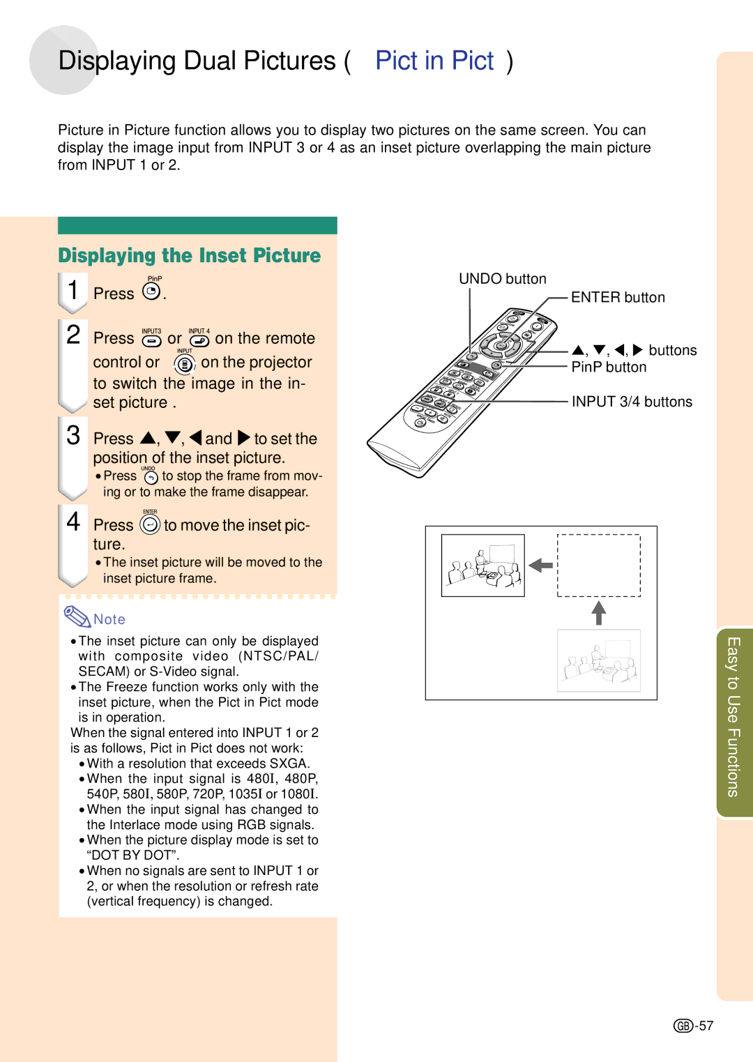 Sharp PG-C45S Displaying Dual Pictures Pict in Pict, Displaying the Inset Picture, Press to move the inset pic- ture 