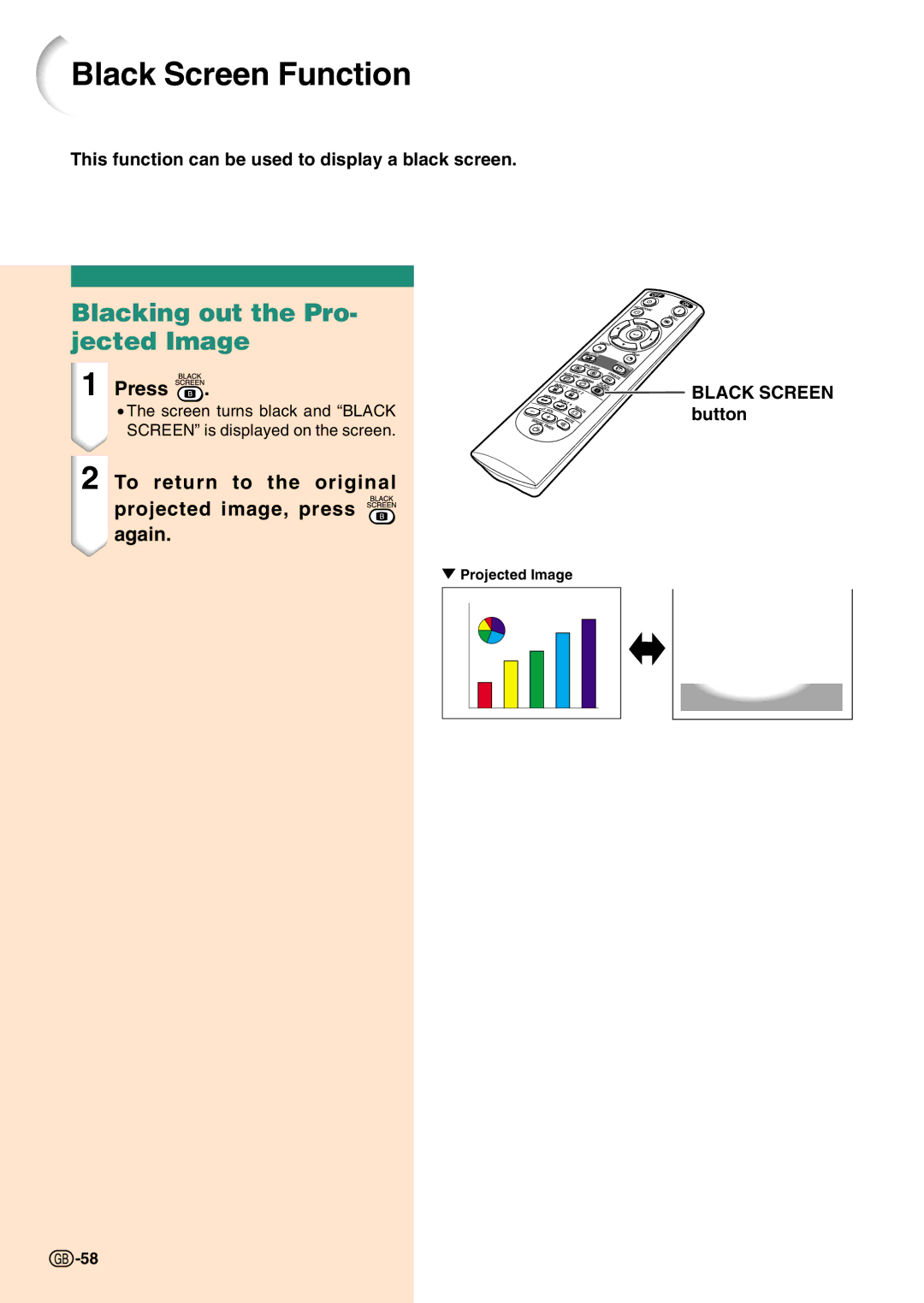 Sharp PG-C45S operation manual Black Screen Function, Blacking out the Pro- jected Image, Black Screen button 