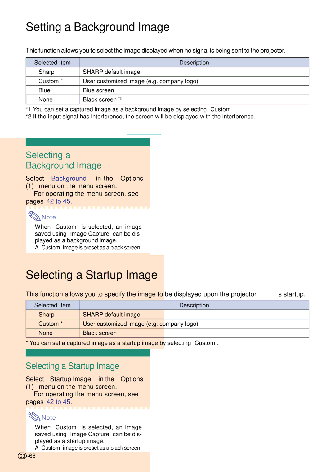 Sharp PG-C45S operation manual Setting a Background Image, Selecting a Startup Image, Selecting a Background Image 