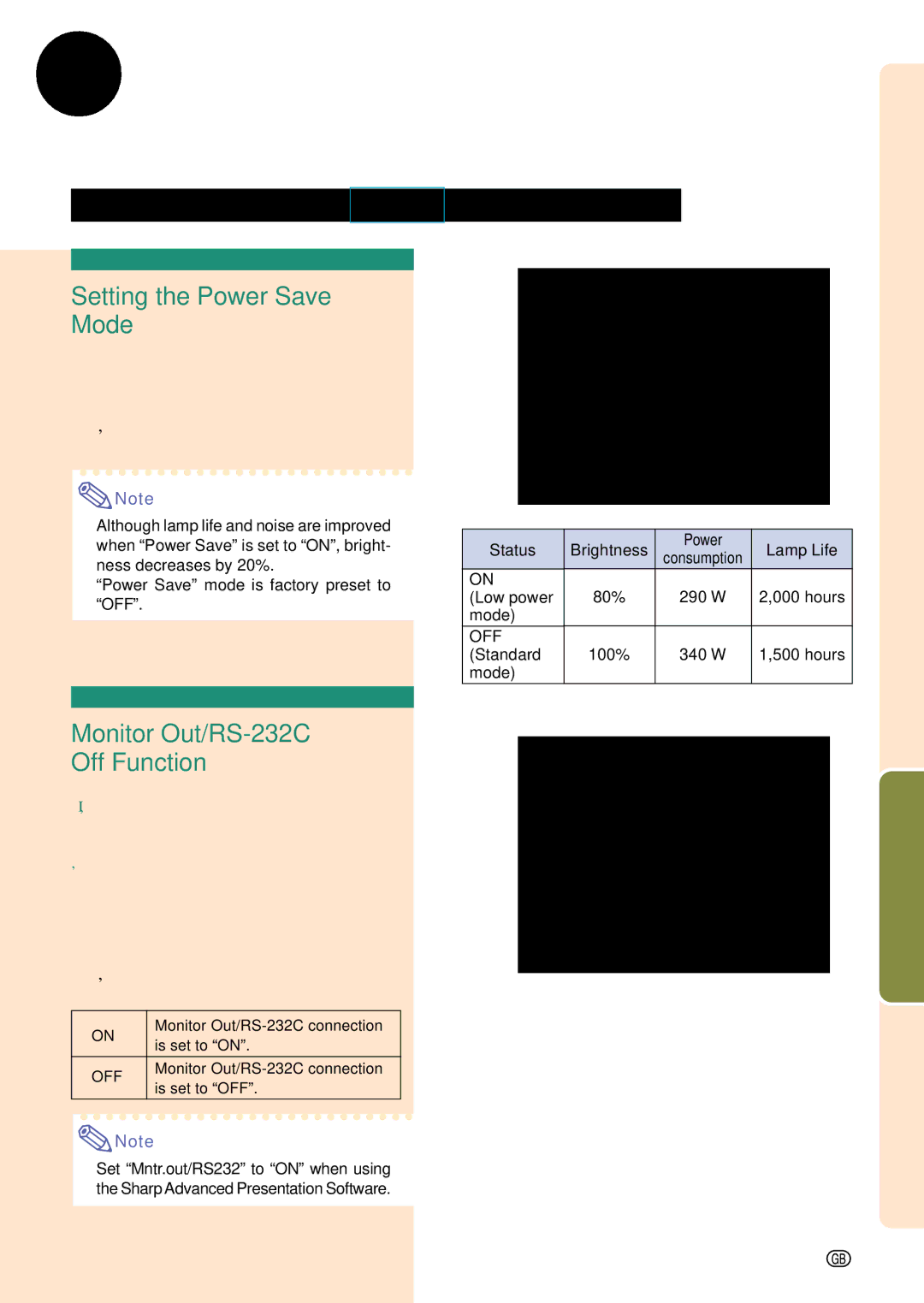 Sharp PG-C45S operation manual Selecting the Economy Mode, Setting the Power Save Mode, Monitor Out/RS-232C Off Function 