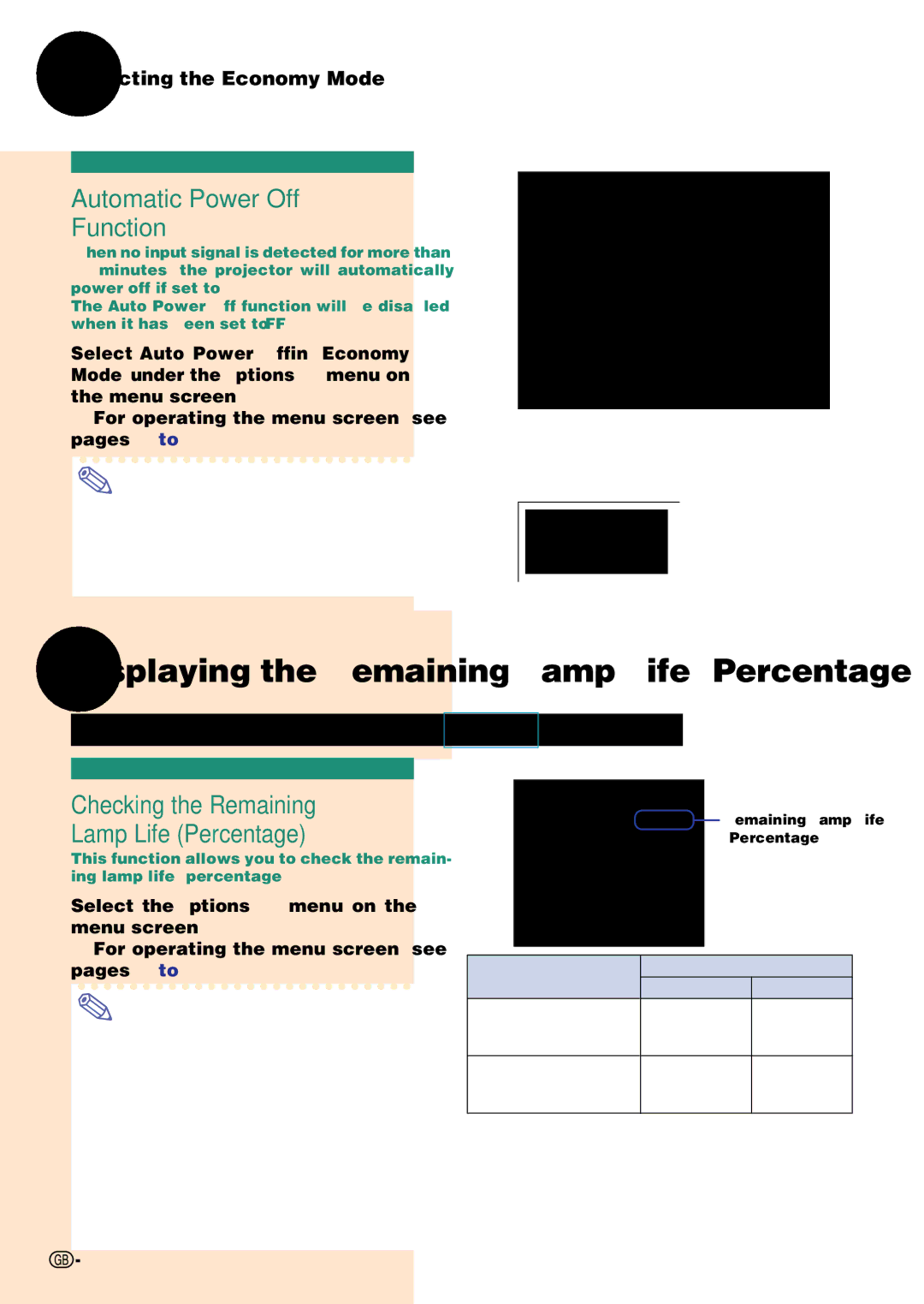 Sharp PG-C45S Displaying the Remaining Lamp Life Percentage, Automatic Power Off Function, Selecting the Economy Mode 