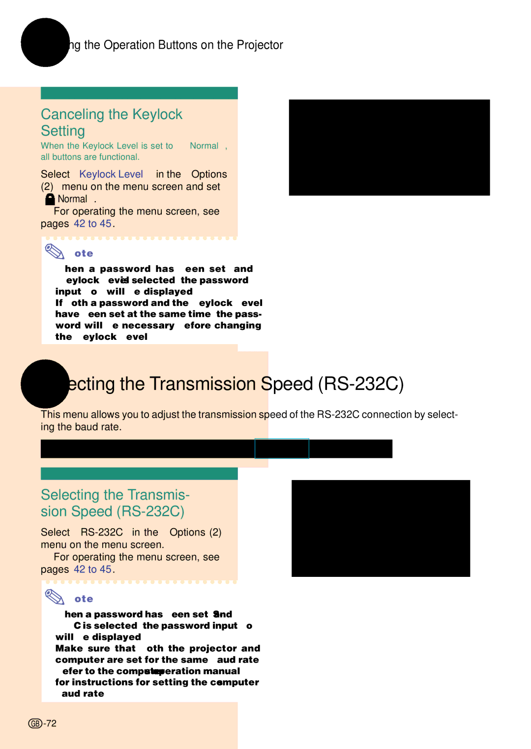 Sharp PG-C45S operation manual Selecting the Transmission Speed RS-232C, Canceling the Keylock Setting 