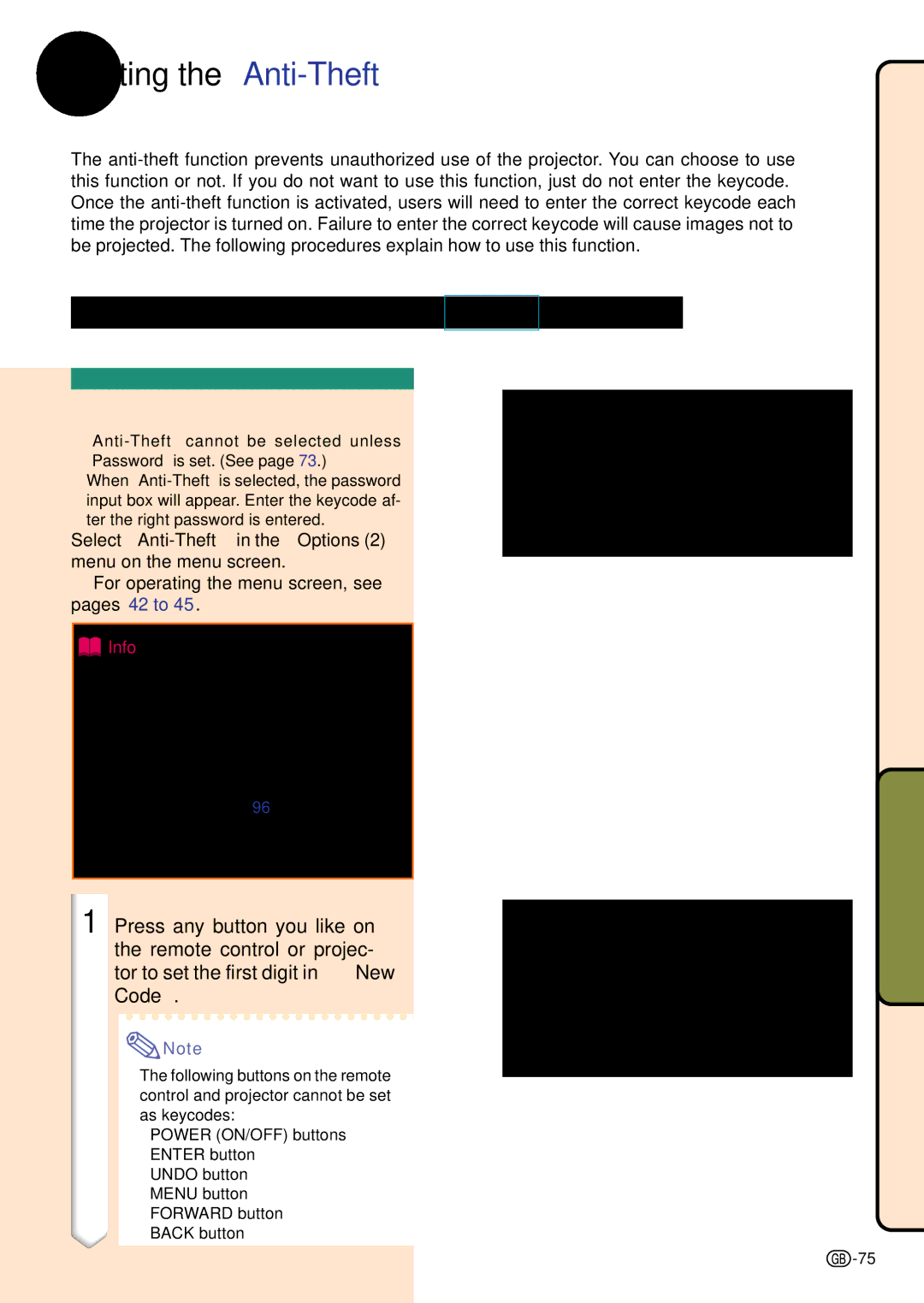 Sharp PG-C45S operation manual Setting the Anti-Theft, Entering the Keycode 