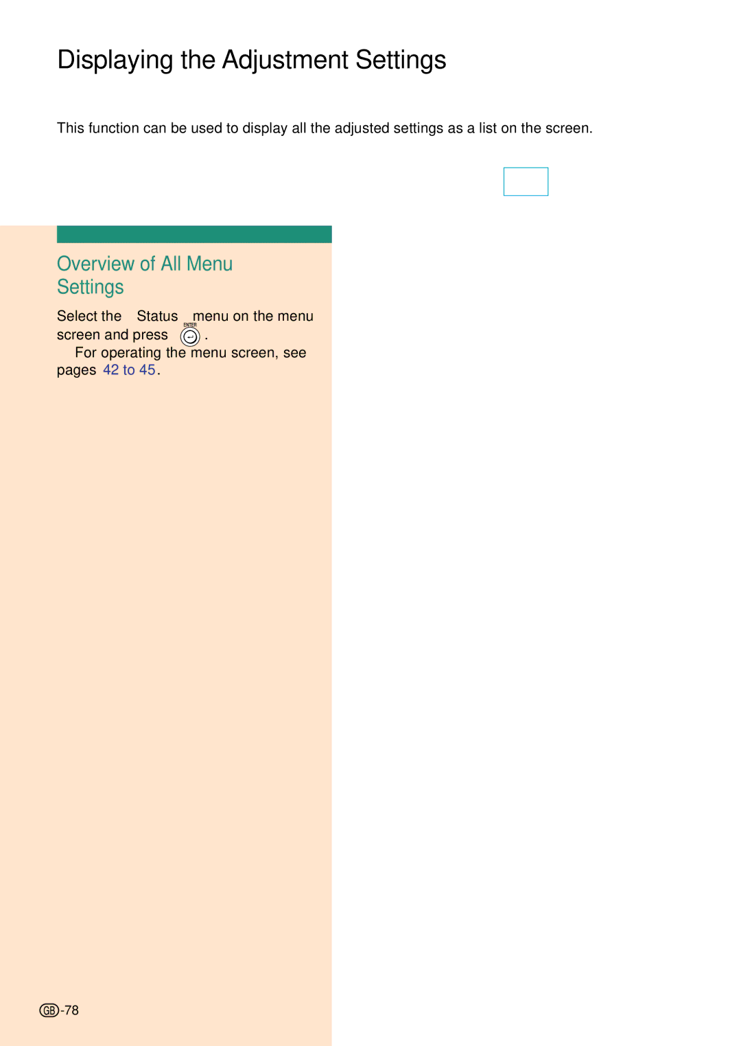 Sharp PG-C45S operation manual Displaying the Adjustment Settings, Overview of All Menu Settings 