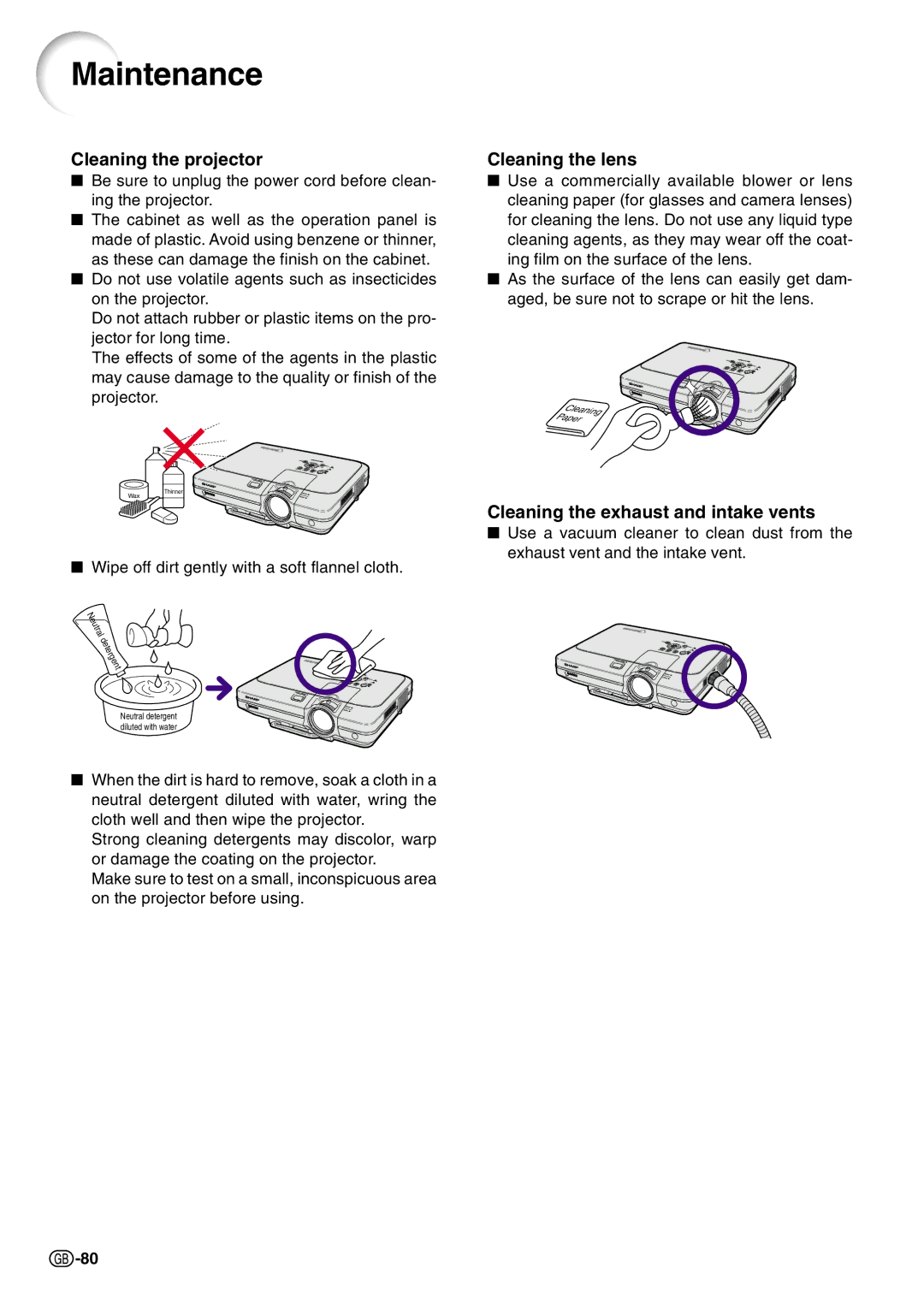 Sharp PG-C45S Maintenance, Cleaning the projector, Cleaning the lens, Cleaning the exhaust and intake vents 