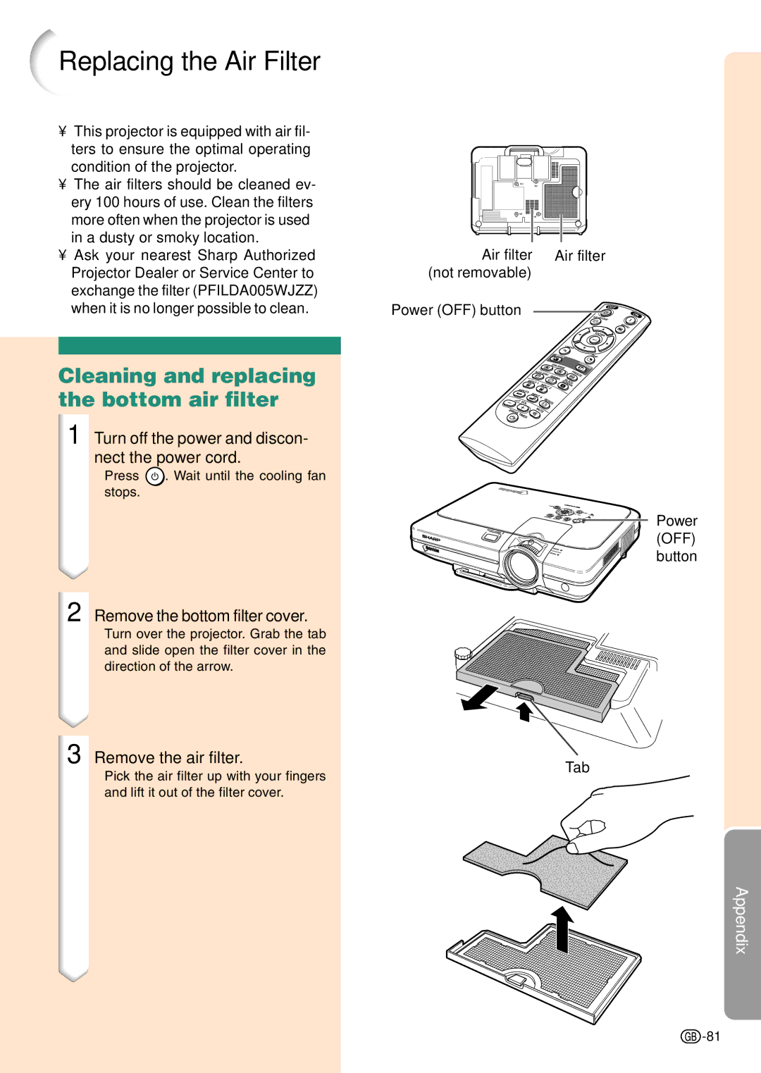 Sharp PG-C45S Replacing the Air Filter, Cleaning and replacing the bottom air filter, Remove the bottom filter cover 