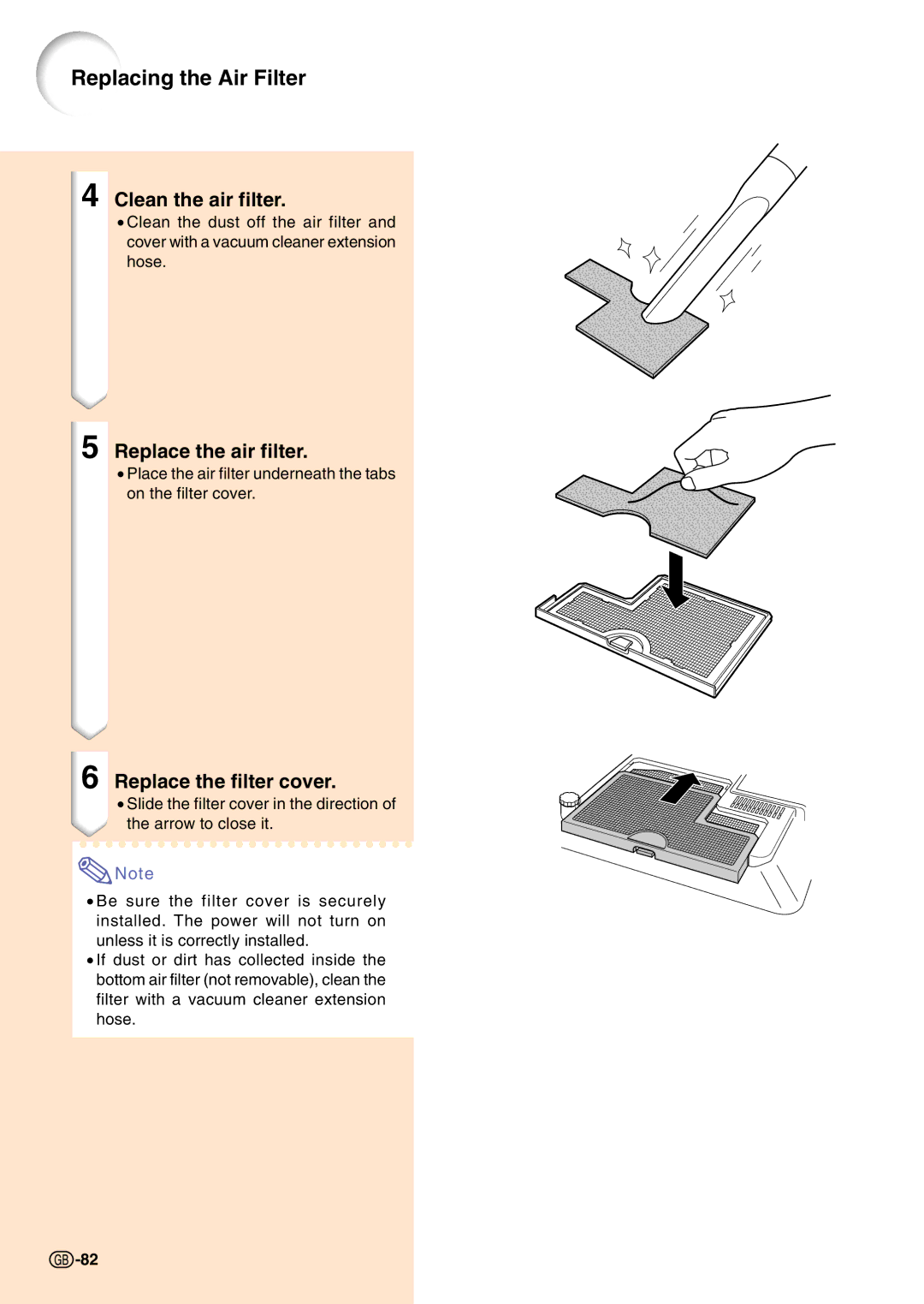 Sharp PG-C45S operation manual Clean the air filter, Replace the air filter, Replace the filter cover 