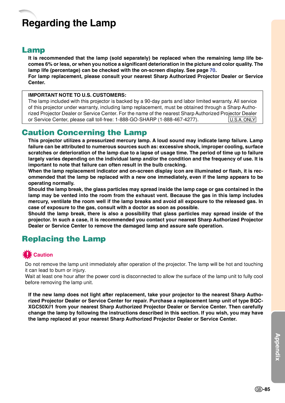 Sharp PG-C45S operation manual Regarding the Lamp, Replacing the Lamp 