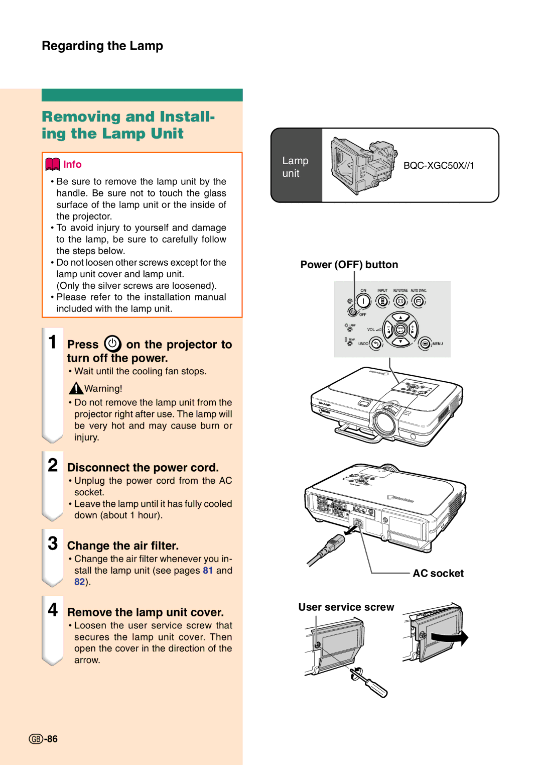 Sharp PG-C45S Removing and Install- ing the Lamp Unit, Press on the projector to turn off the power, Change the air filter 