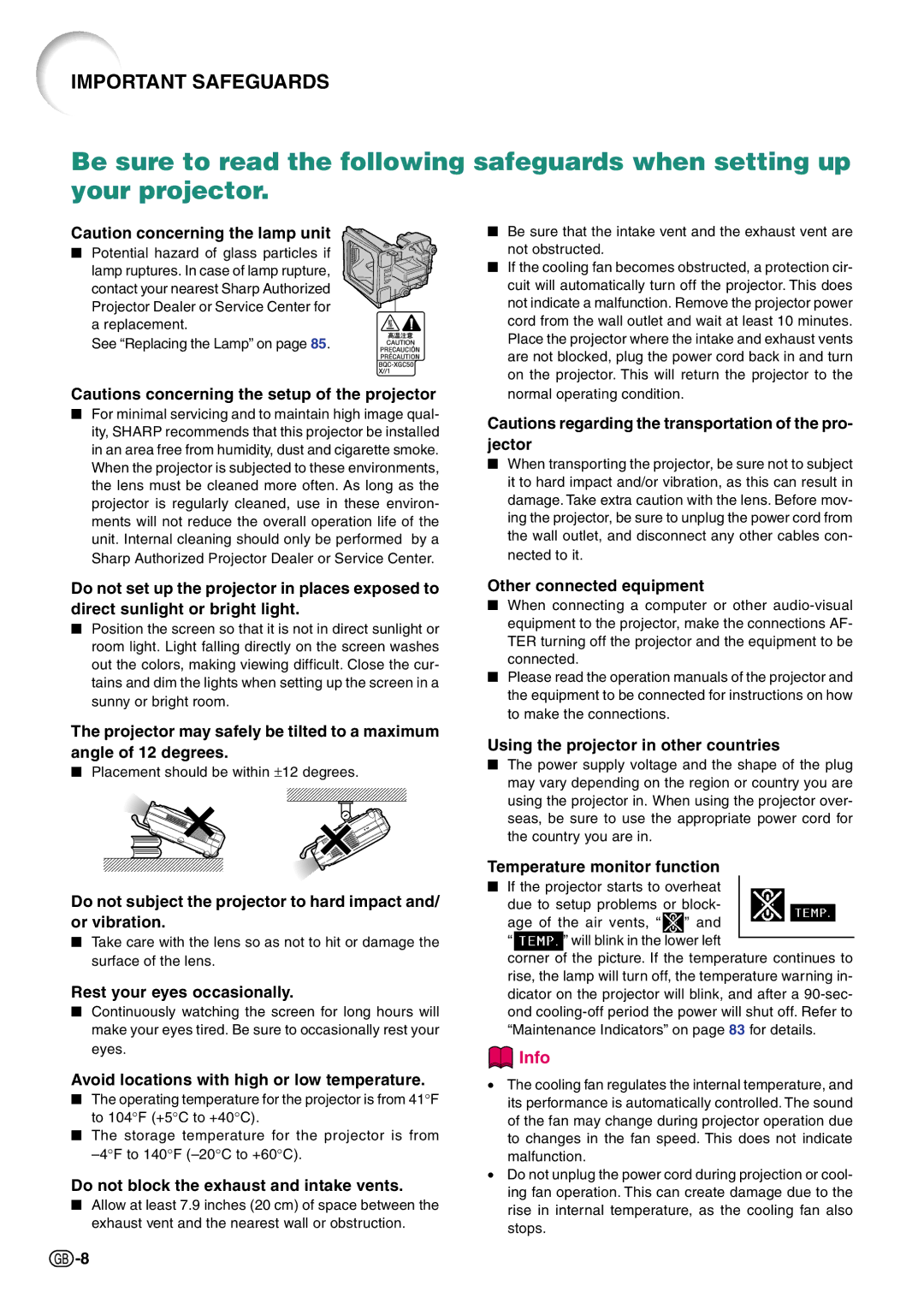 Sharp PG-C45X Rest your eyes occasionally, Avoid locations with high or low temperature, Other connected equipment 