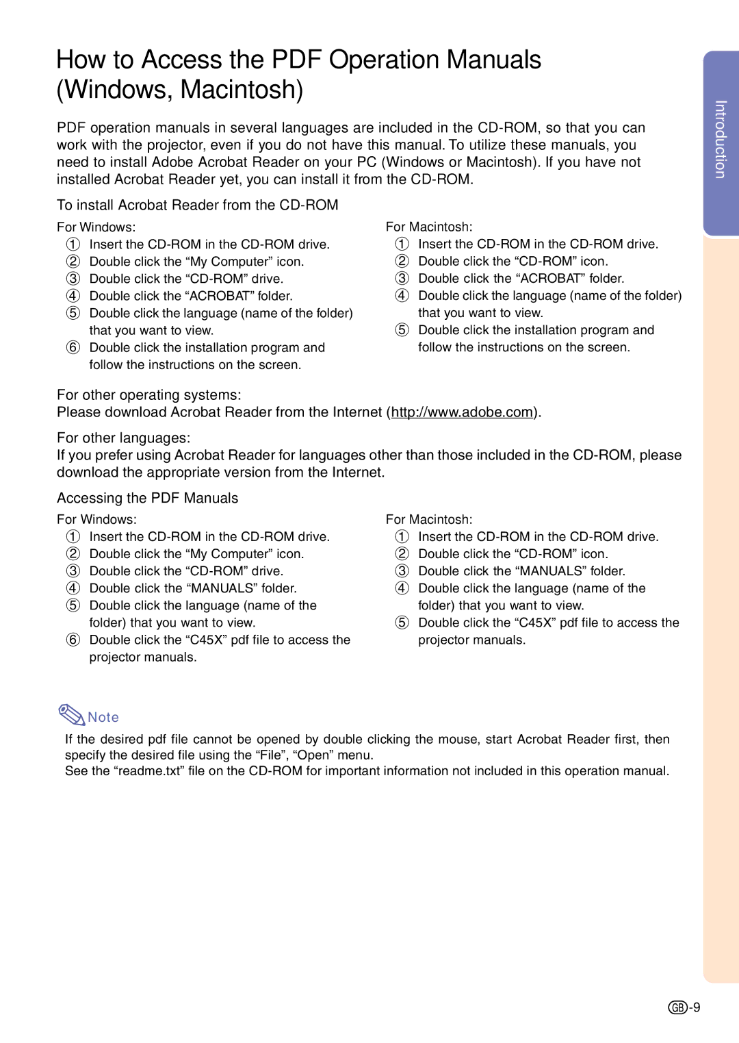 Sharp PG-C45X To install Acrobat Reader from the CD-ROM, For other operating systems For other languages, For Windows 