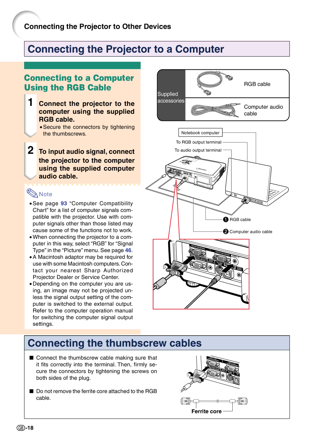 Sharp PG-C45X operation manual Connecting to a Computer Using the RGB Cable, Ferrite core 