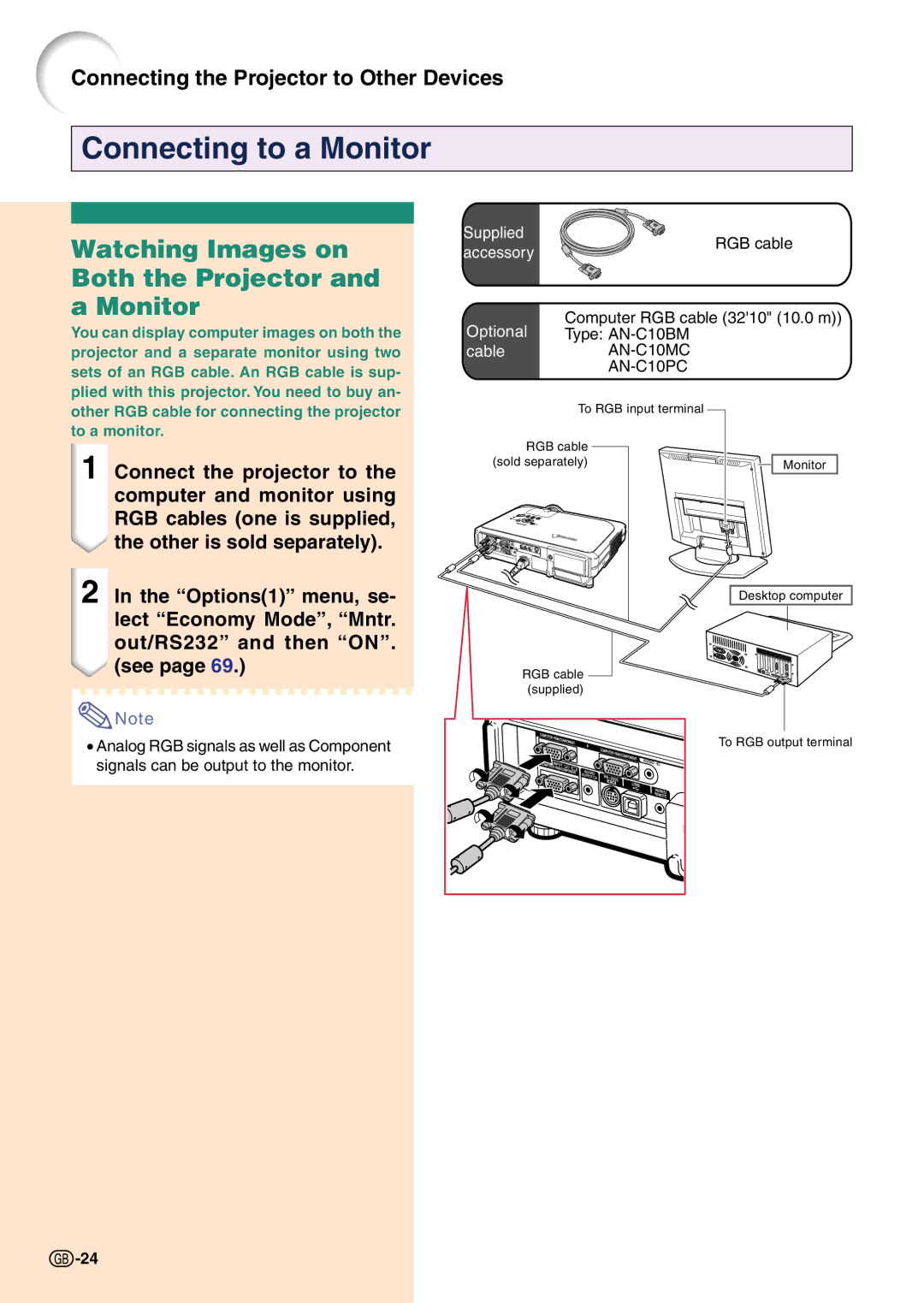 Sharp PG-C45X operation manual Connecting to a Monitor, Watching Images on Both the Projector and a Monitor 