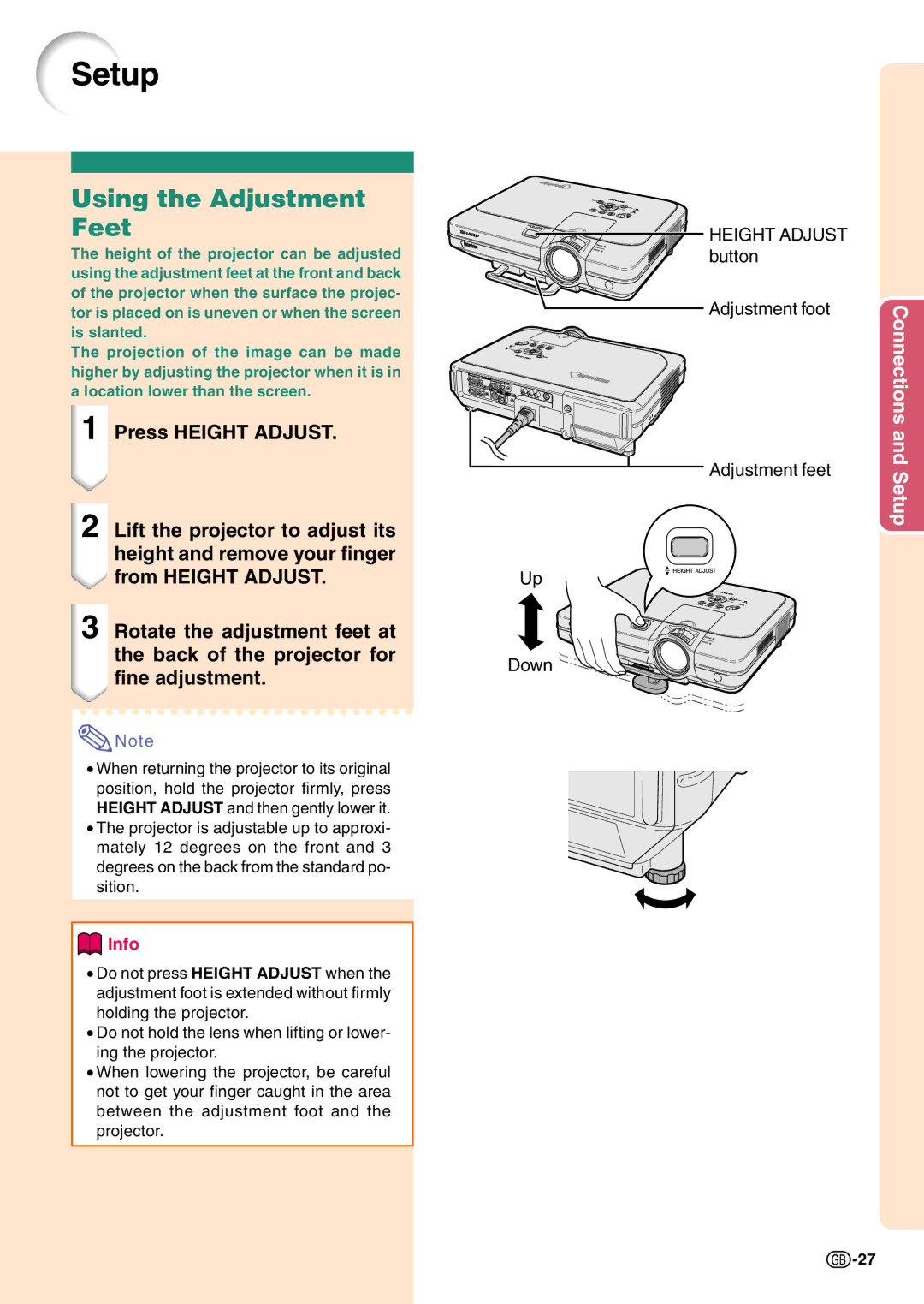 Sharp PG-C45X operation manual Setup, Using the Adjustment Feet 