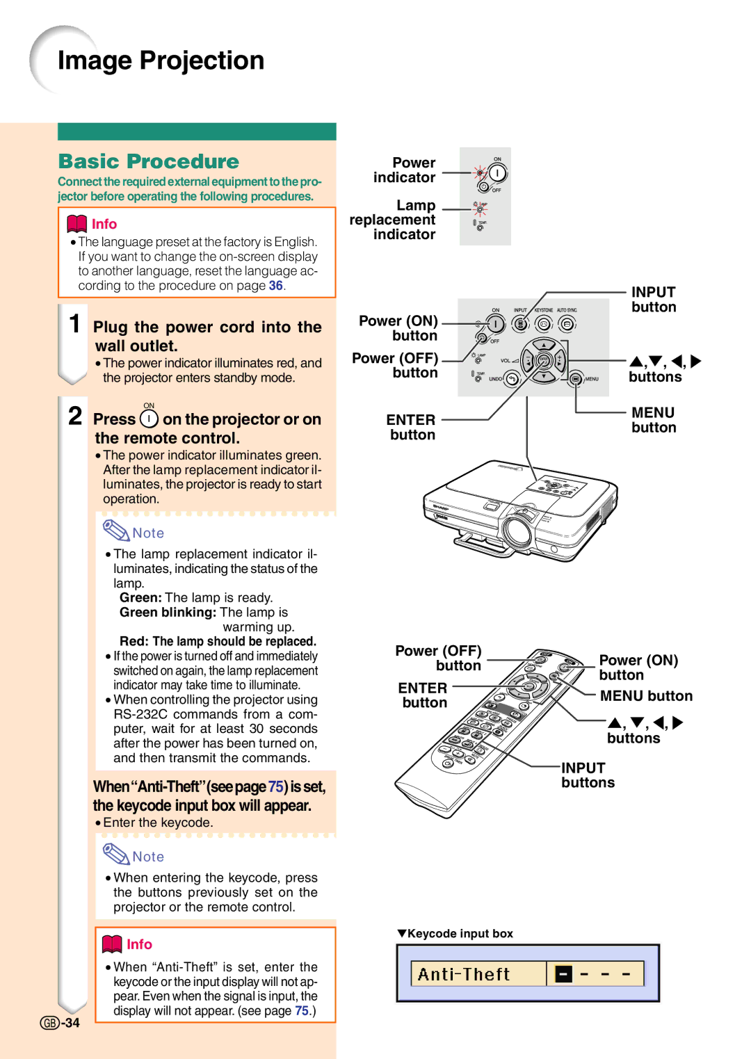 Sharp PG-C45X operation manual Image Projection, Basic Procedure, Plug the power cord into the wall outlet 