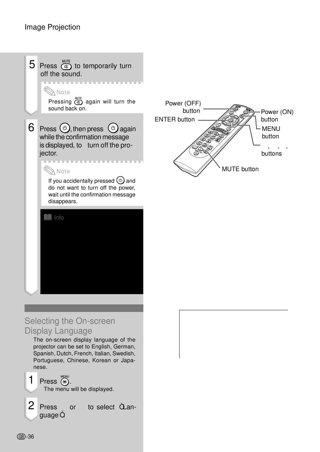 Sharp PG-C45X Selecting the On-screen Display Language, Press to temporarily turn off the sound, Press \ or to select Lan 